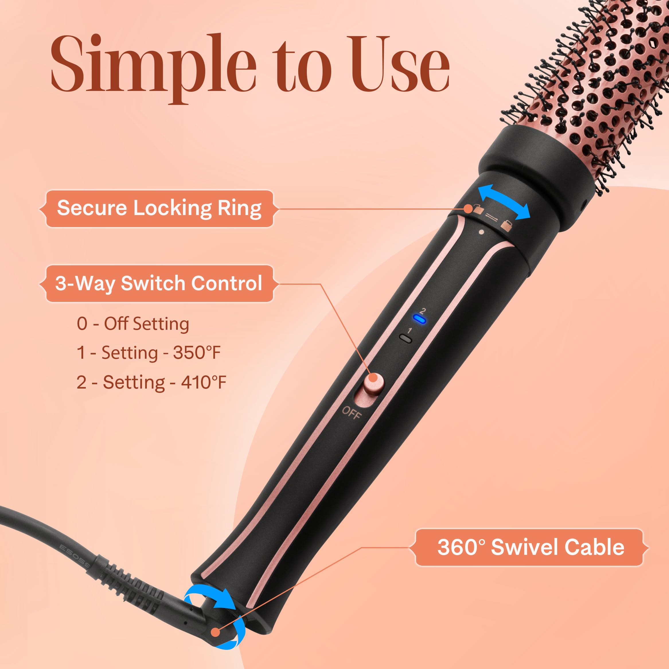 Asani Cepillo térmico redondo térmico de 1.5 pulgadas con cabezal de cepillo desmontable para rizos medianos, ondas sueltas y volumen, doble voltaje apto para viajes (120-240 V), cepillo alisador para