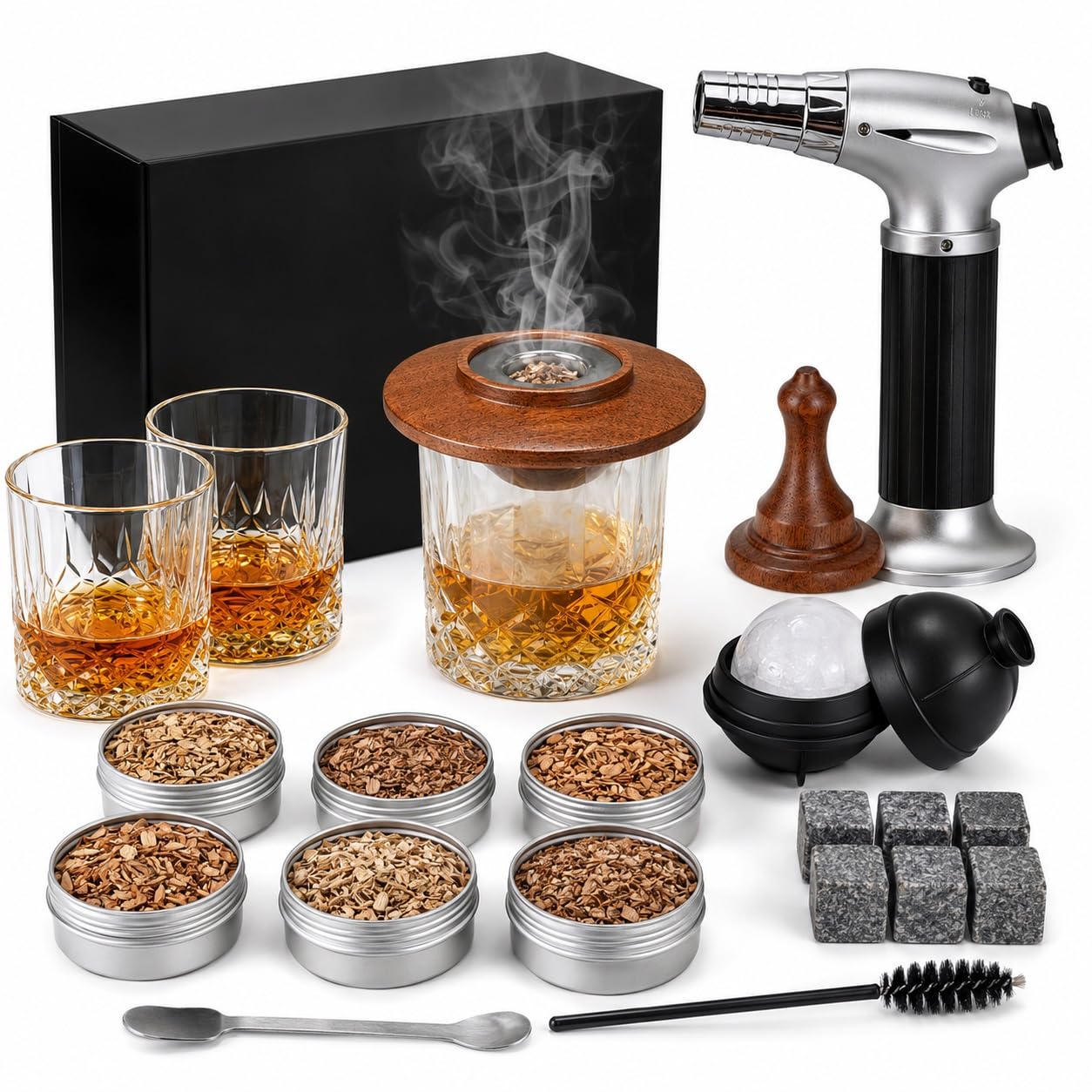 Whisky Smoker Kit with Torch, Cocktail Smoker Infuser Kit for Old Fashioned Drinks, Ebony Wood Whiskey Smoking Set for Bourbon, Meat, Cheese, Men Birthday Gift
