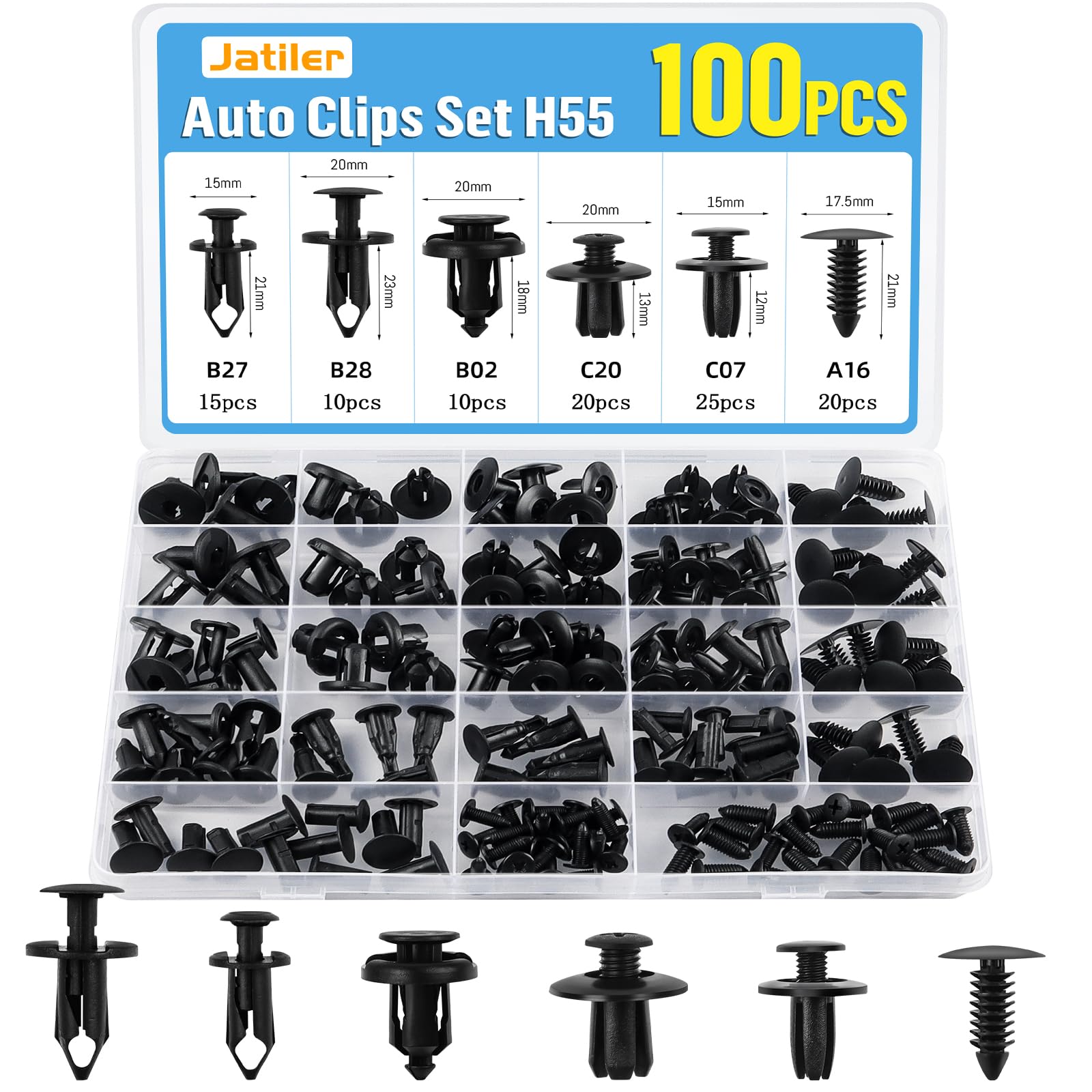 JatilEr 100 Stück Befestigungsclips Auto Clips, H55 Kfz Clips 6 Arten Spreiznieten Nylon Kunststoffnieten Karosserie Clips, Universal Türverkleidung Clips Befestigungssatz