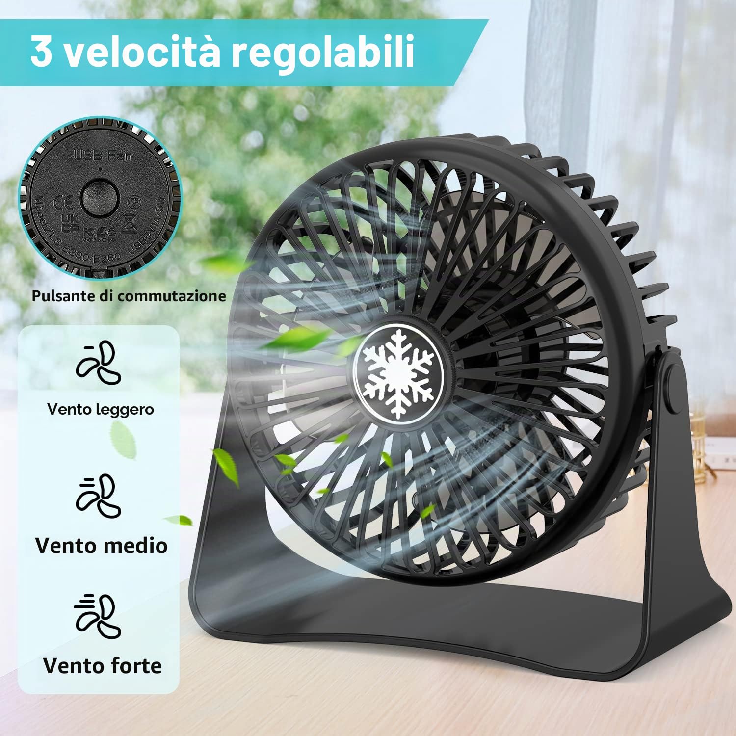 OUILA Ventilatore USB, Mini Ventilatore Portatile, 3 Velocità Regolabile & Ventilatore Silenzioso, Copertura Rimovibile Della Ventola, Alimentazione USB, Adatto per Desktop, Auto, Ufficio, Casa, Viagg