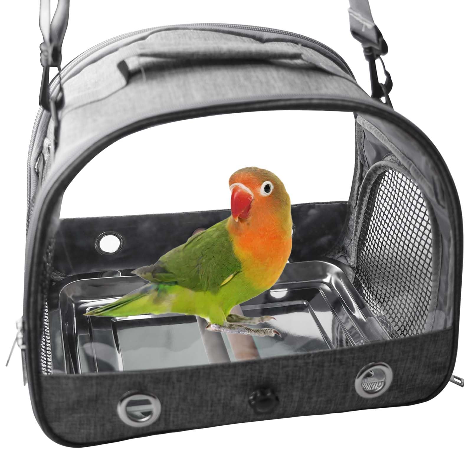 Asfrode Borsa per il trasporto con asta e vassoio in acciaio inox, leggera, per il trasporto di uccelli, per pappagalli, pappagalli, parrocchetti