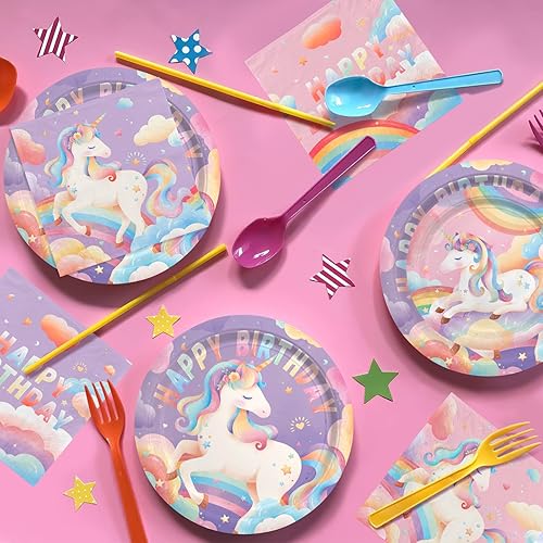 Miniatura 4 de Kit de suministros de fiesta de cumpleaños para 24 invitados, para decoraciones de cumpleaños de unicornio, incluye platos de cena y postre,