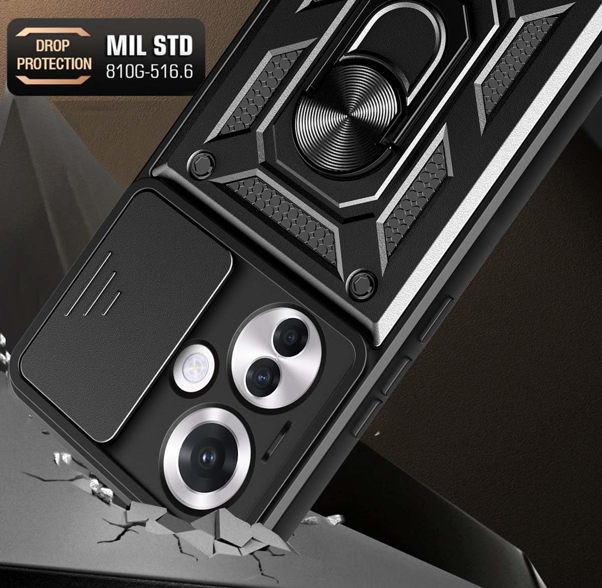 BORYA Cover Per Oppo Reno11 F 5G | Custodia Militare Con Supporto Metallico E Copriobiettivo Scorrevole | Grigio