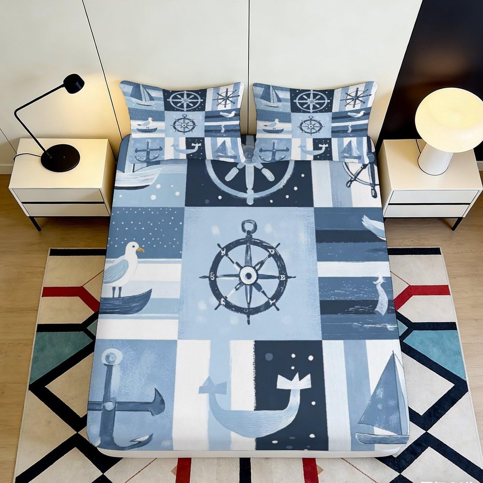 3D Printed Nautical Anchor Fitted Sheet Microfiber Soft Blue Marine Wheel Bed Cover for Bedroom Guest Room Decor 90x200x25cm