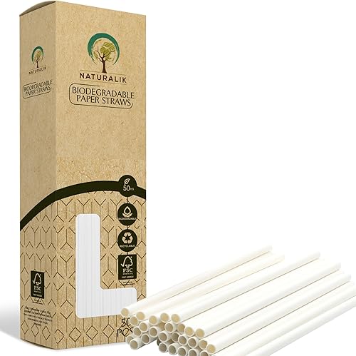 Naturalik 50 pajitas de papel blanco biodegradables extra duraderas, sin tintes, ecológicas y resistentes (50 unidades, blanco)
