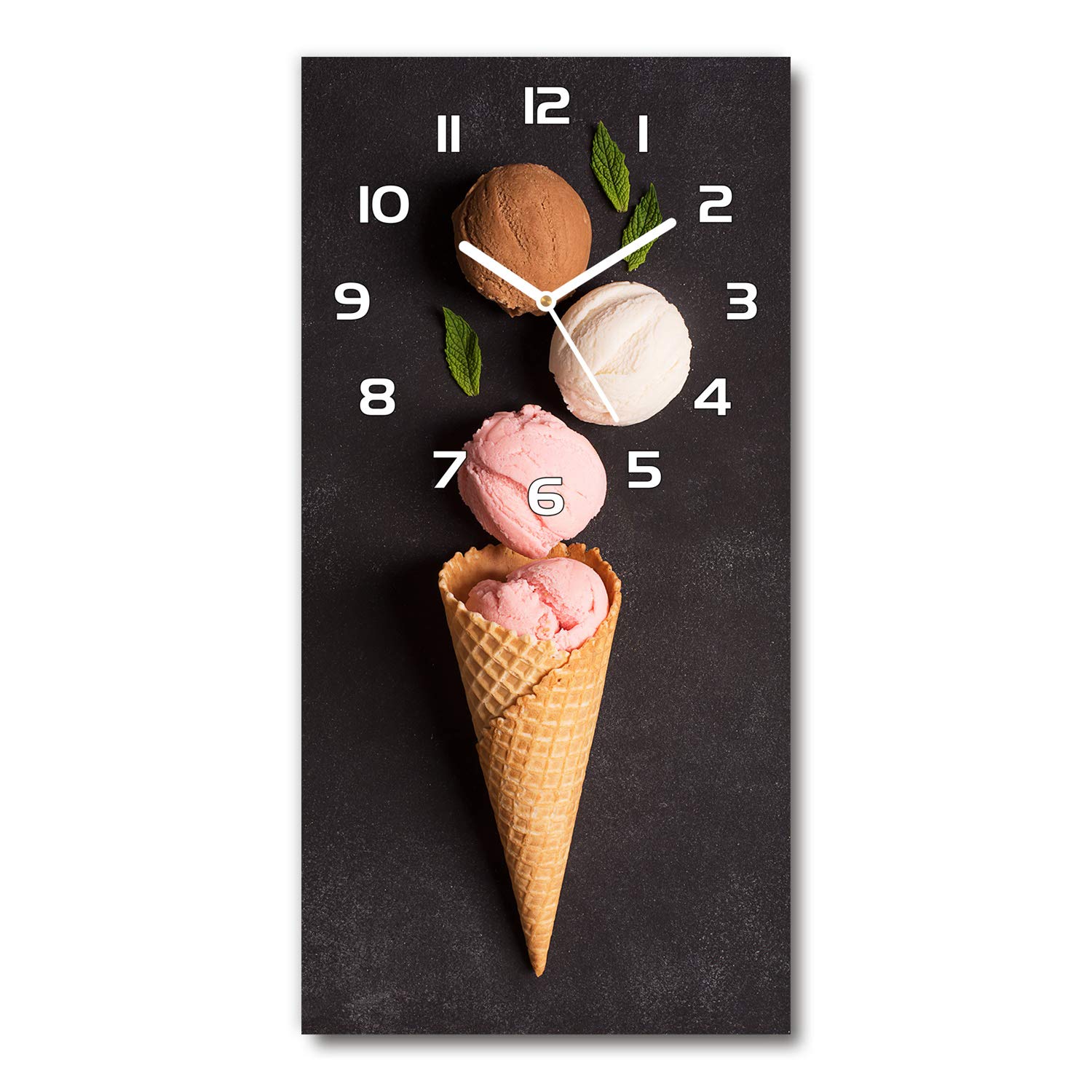 Tulup Glasuhr 30x60 cm - weißen Zeigern - Wanduhr Wandkunst Bild Gehärtetem Glas Uhr Echtglas Küche Wohnzimmer - EIS in der Waffel