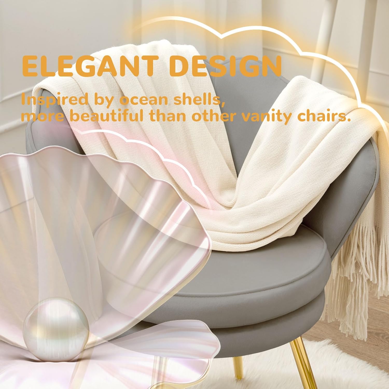 Accent Chairs Set of 2, Velvet Vanity Chair with Back, Mid-Century Modern Small Accent Chair for Living Room, Golden Metal Legs Upholstered Makeup Chair, Bedroom Armchair, Grey