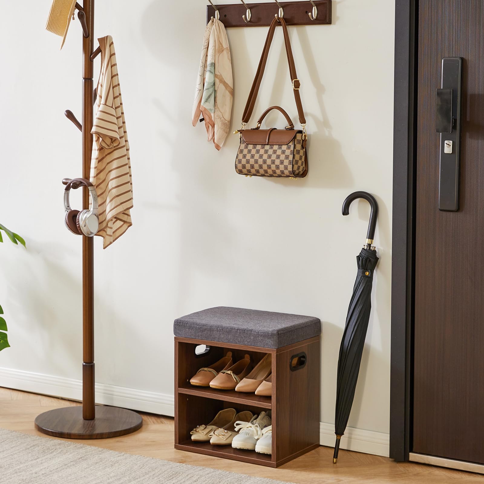 YMYNY Banco Zapatero con Asiento de 2 Niveles, Zapatero pequeño, Estante Regulable en 3 Alturas para Sala de Estar, Pasillo, Dormitorio, 42 x 39 x 28 cm Nogal Claro - HBD028LW