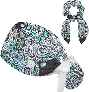 FVQL 2 Pieces Surgical Cap for Long Hair Scrub Cap with Hairband Nurse Cap, Mandala Floral Pattern