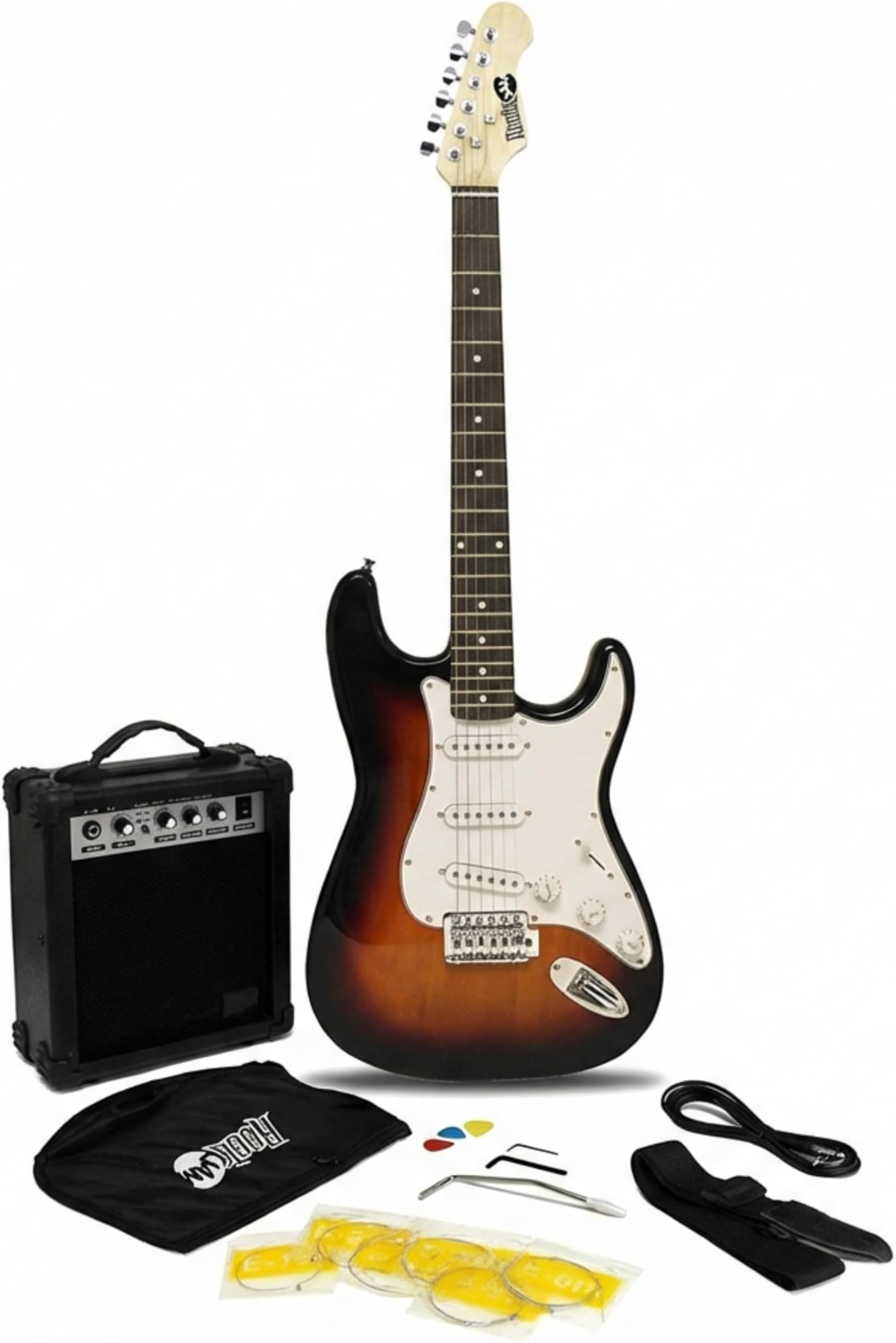 RockJam Full Size Electric Guitar Kit with 10-Watt Guitar Amp, Lessons, Strap, Gig Bag, Picks, Whammy, Lead and Spare Strings - SunBurst