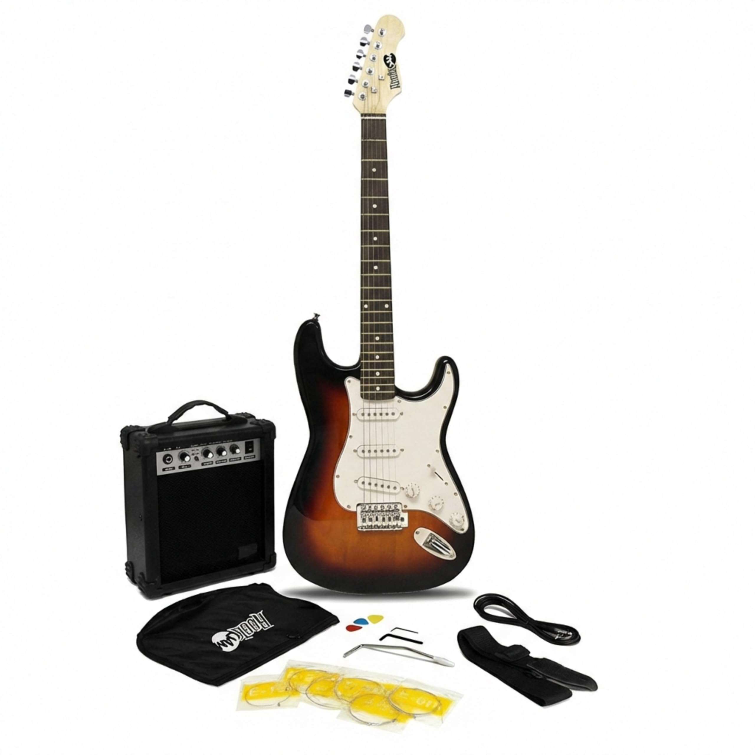 RockJam Full Size Electric Guitar Kit with 10-Watt Guitar Amp, Lessons, Strap, Gig Bag, Picks, Whammy, Lead and Spare Strings - SunBurst