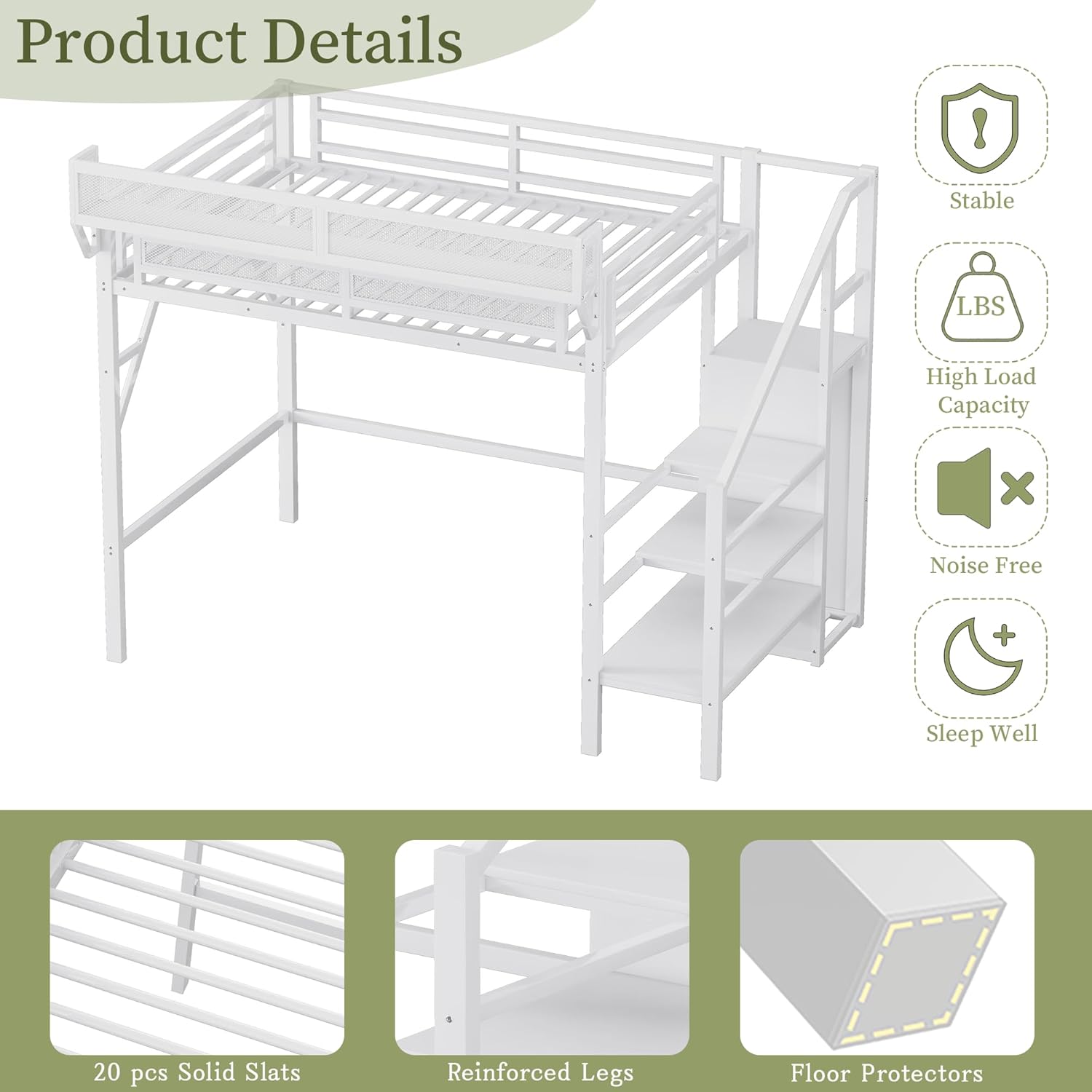 Product Details: Solid Slats, Reinforced Legs, Floor Protectors