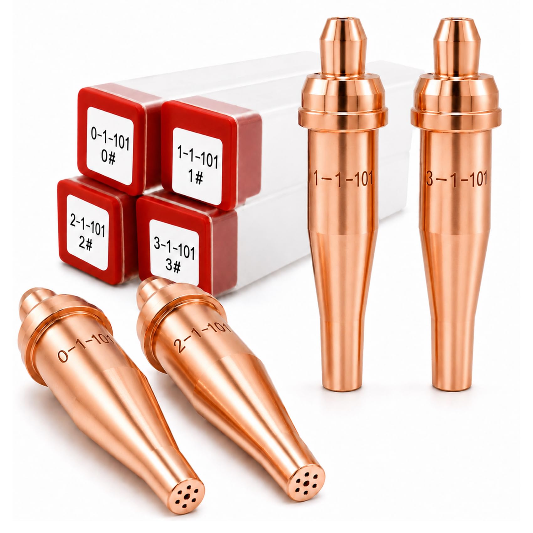 1-101 Series Acetylene Cutting Torch Tips Size 0-3, 4 Pack | Fit for victor Style Heavy Duty Torch: CA 2460-90° etc, Include 0-1-101, 1-1-101, 2-1-101