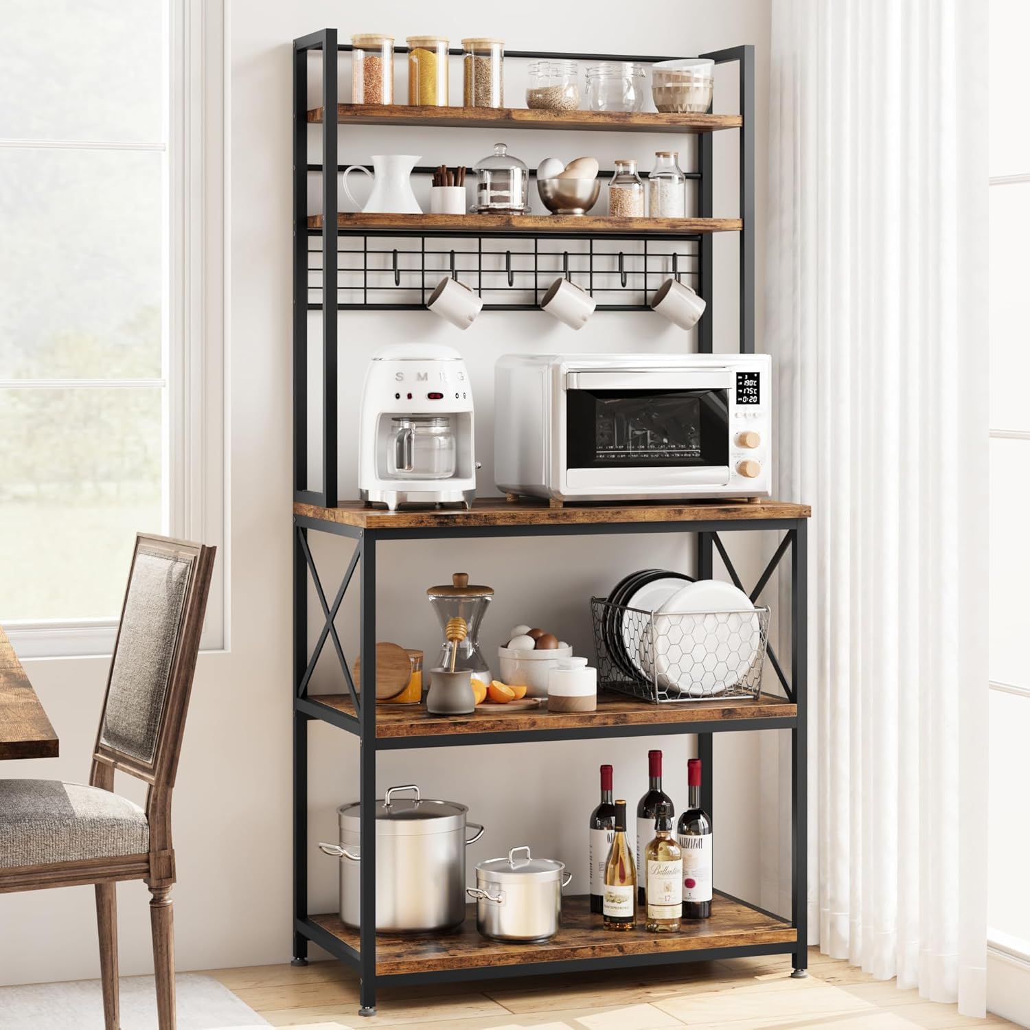 Etagère de Cuisine, Support pour Four à Micro-Ondes avec Rangement, Porte-Café en Bois à 5 Niveaux avec 6 Crochets pour épices, Rangement des Pots, Brun Rustique, 80x40x160cm