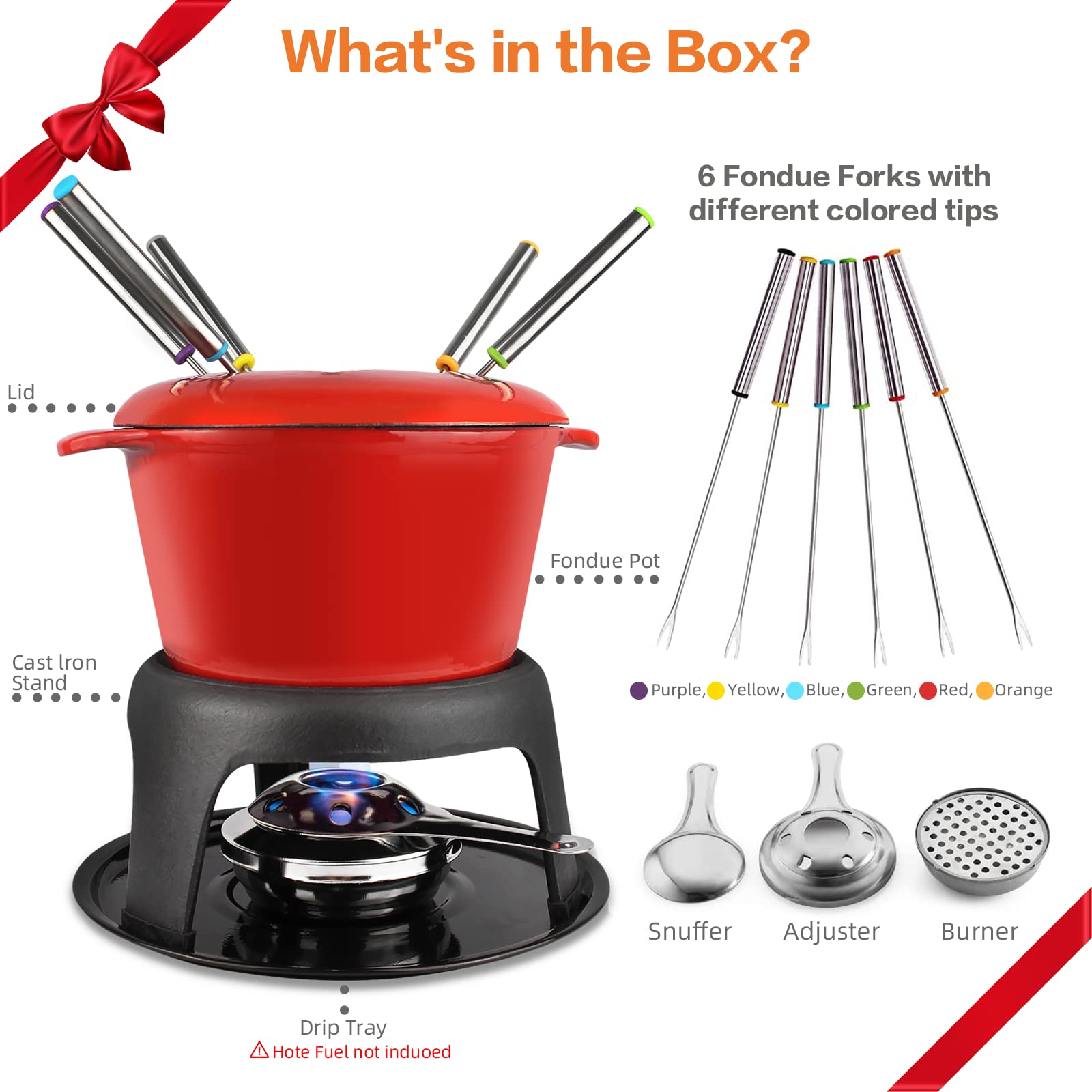 Todeco Service à Fondue avec 6 fourchettes, Set à Fondue pour Fondue Savoyarde, Bourguignonne et au Chocolat, Fondue au Fromage pour 6 Personnes, 27,5 x 21 x 21 cm, Rouge