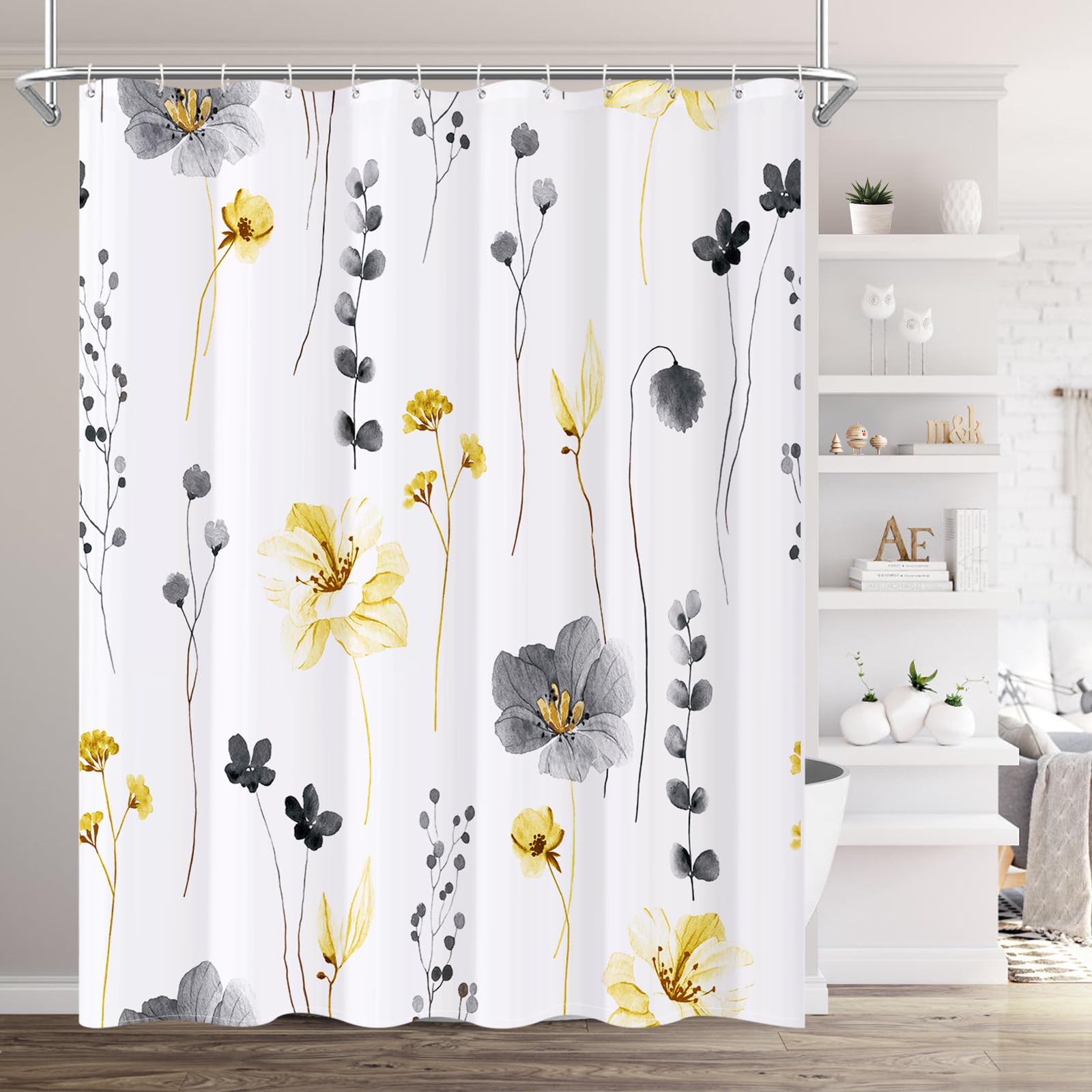 XZTXBest Watercolor Floral Shower Curtain Set, Yellow and Grey Floral Bath Curtain for Bathroom, Modern Minimalist White Bathroom Curtain, Waterproof Fabrict with 12 Hooks, Waterproof, 180cm × 180cm