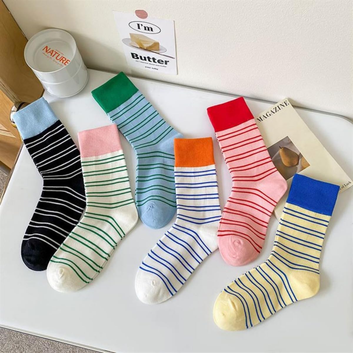 6 Paris Retro Style Colorful Striped Socks, Cute Athletic Crew socks for Women Slouchy Athletic Calf Tube Socks - Image 7