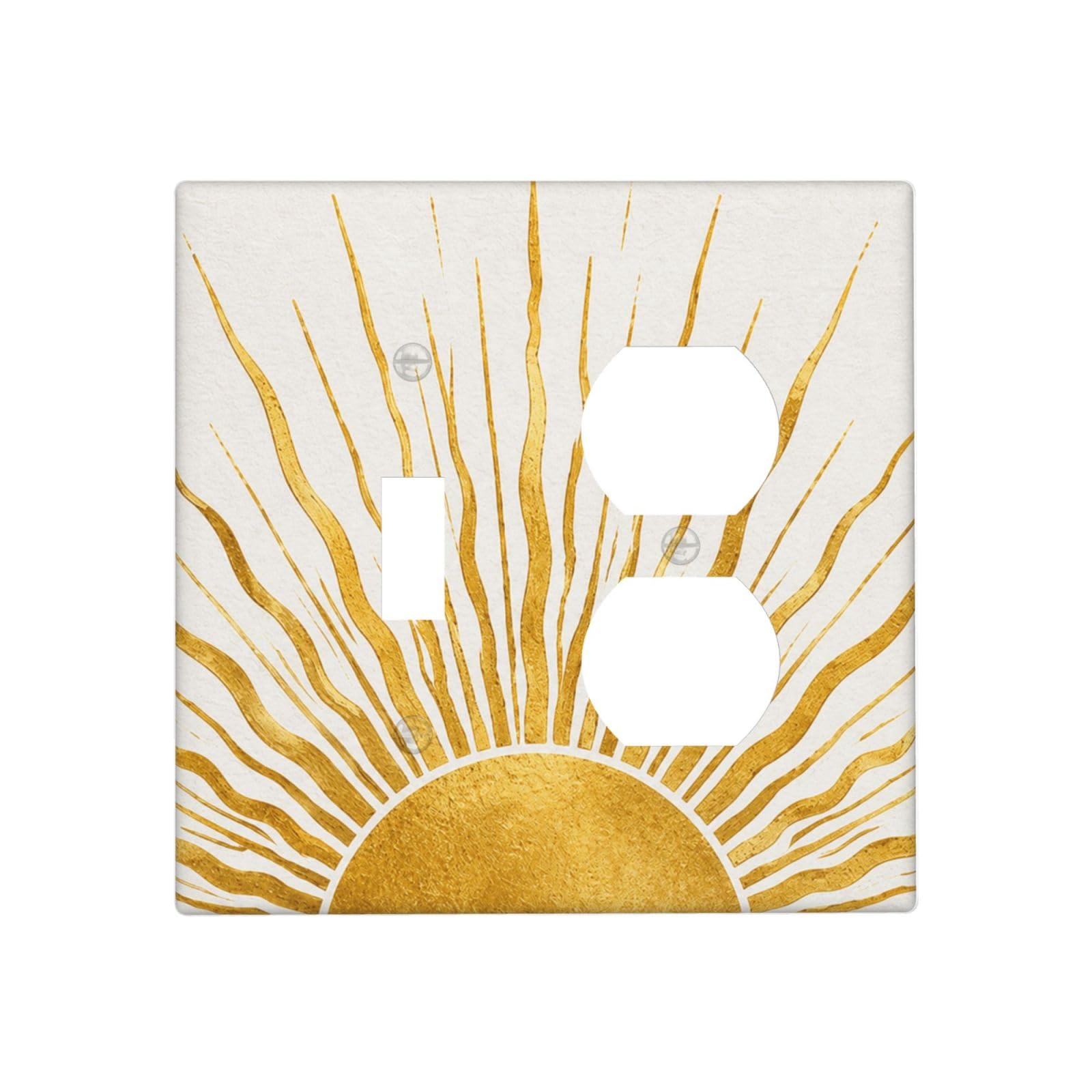 Xuejiaku Decorative Outlet Covers Boho Gold Sun 2 Gang Combin 1 Toggle/1 Duplex Light Switch Cover Gfci Wall Plate Modern Abstract Gold Sunburst Receptacle Switchplate for Bedroom Home Decor