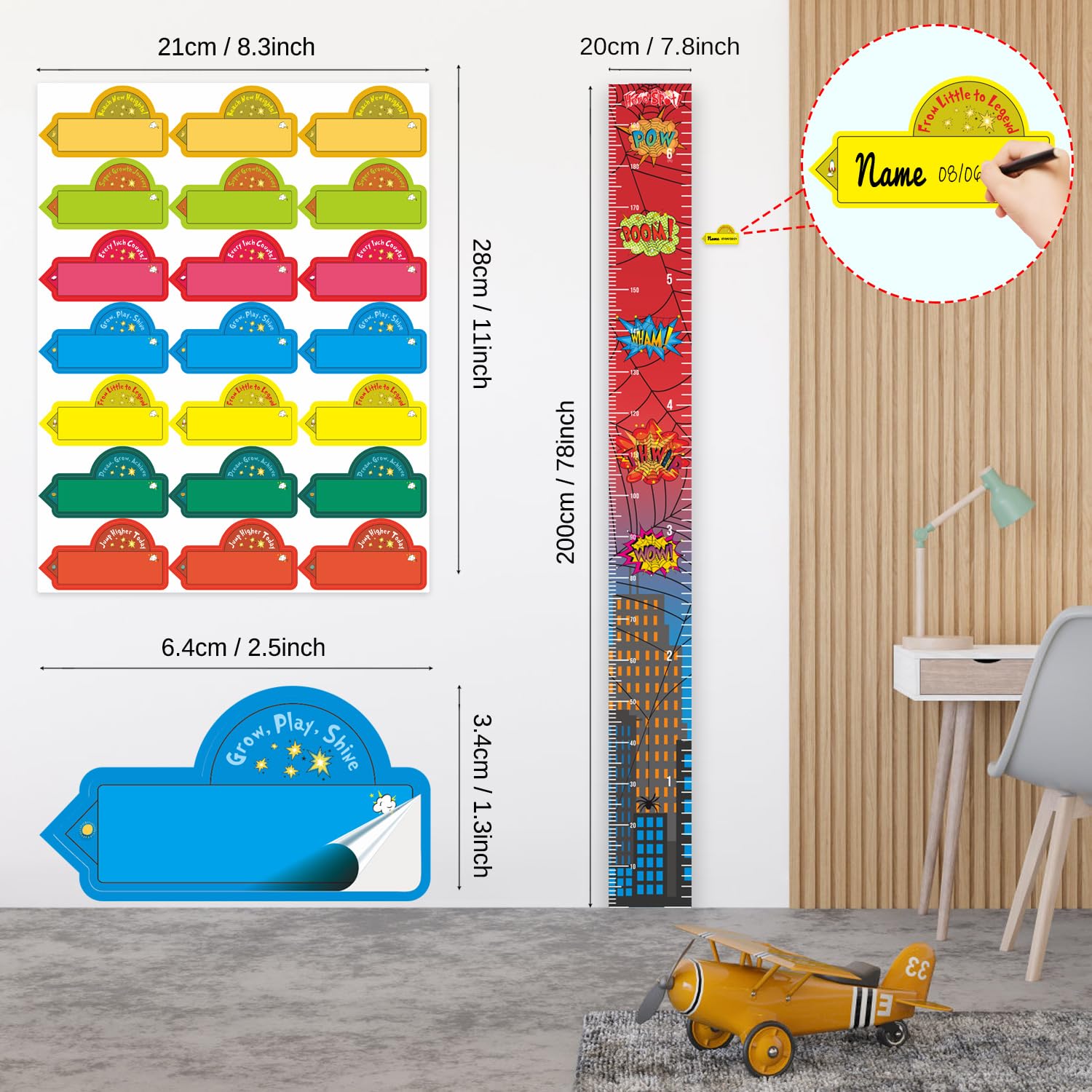 Hero Themed Kids Growth Chart for Wall with Removable Markers - Height Measurement Sticker, Tracking Ruler for Room Decor