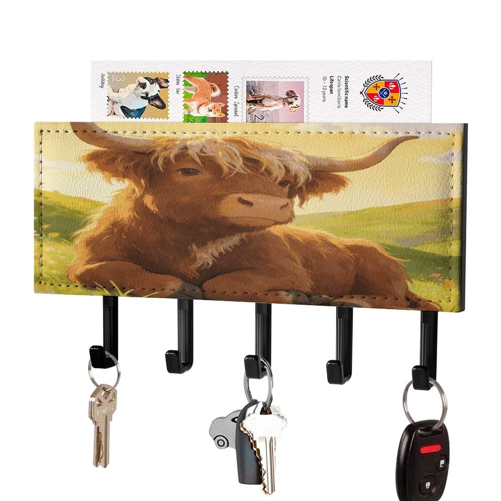 Colgador de entrada Highland Cow compacto con adhesivo para colgar llaves sin taladrar