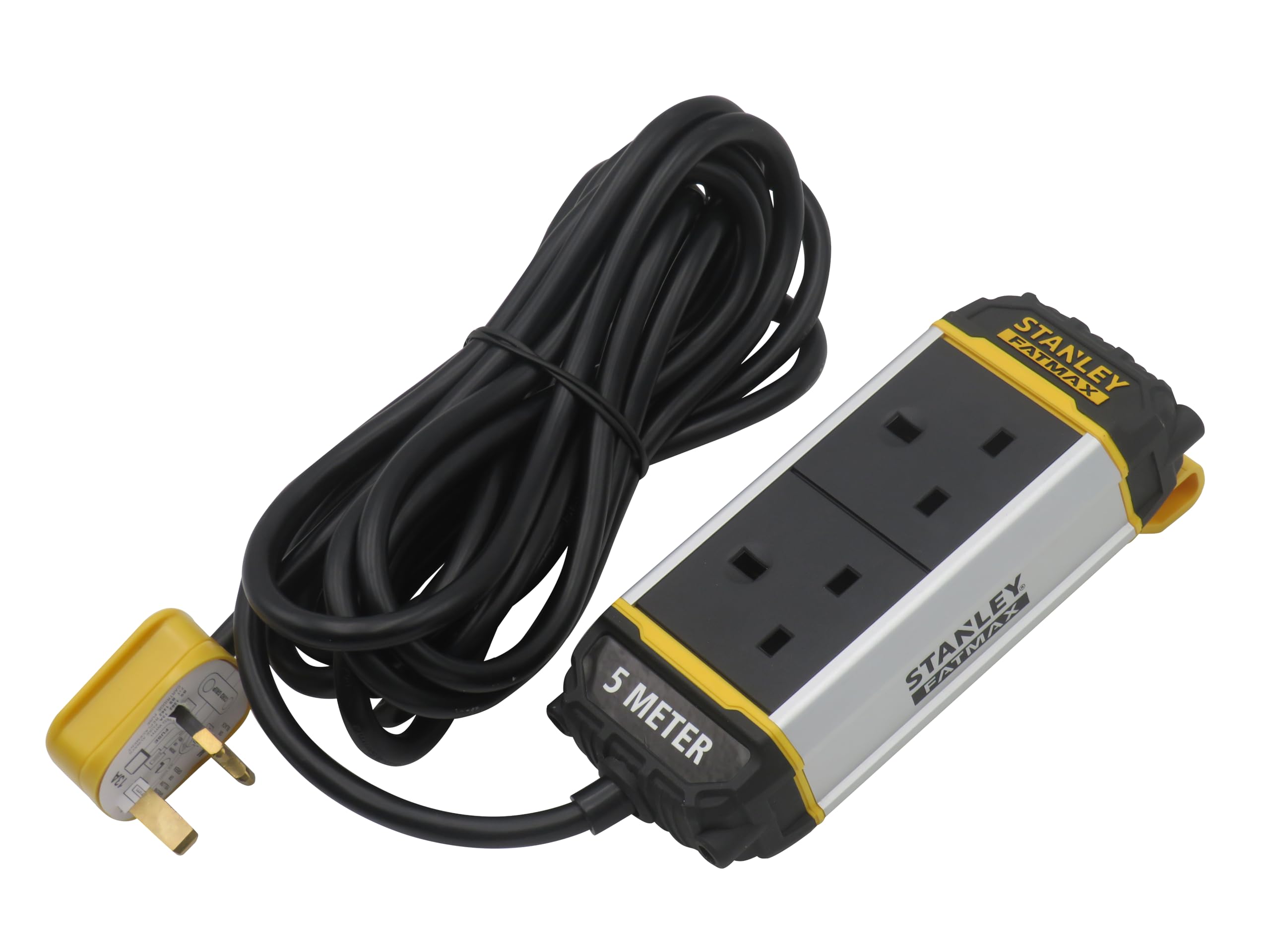 STANLEY 2-Gang 5m Powerboard with Integrated Belt Clip Durable Construction Bumpers for Added Protection - Hi-viz Yellow Cable for site Safety - Strain Relief Cable exit to Prevent Stress