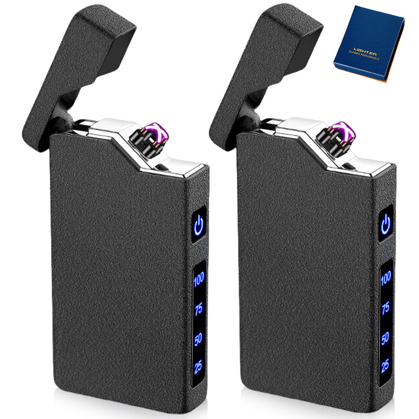 Lot De 2 Briquets Électroniques USB Double Arc - Rechargeable Indicateur Batterie - Noir