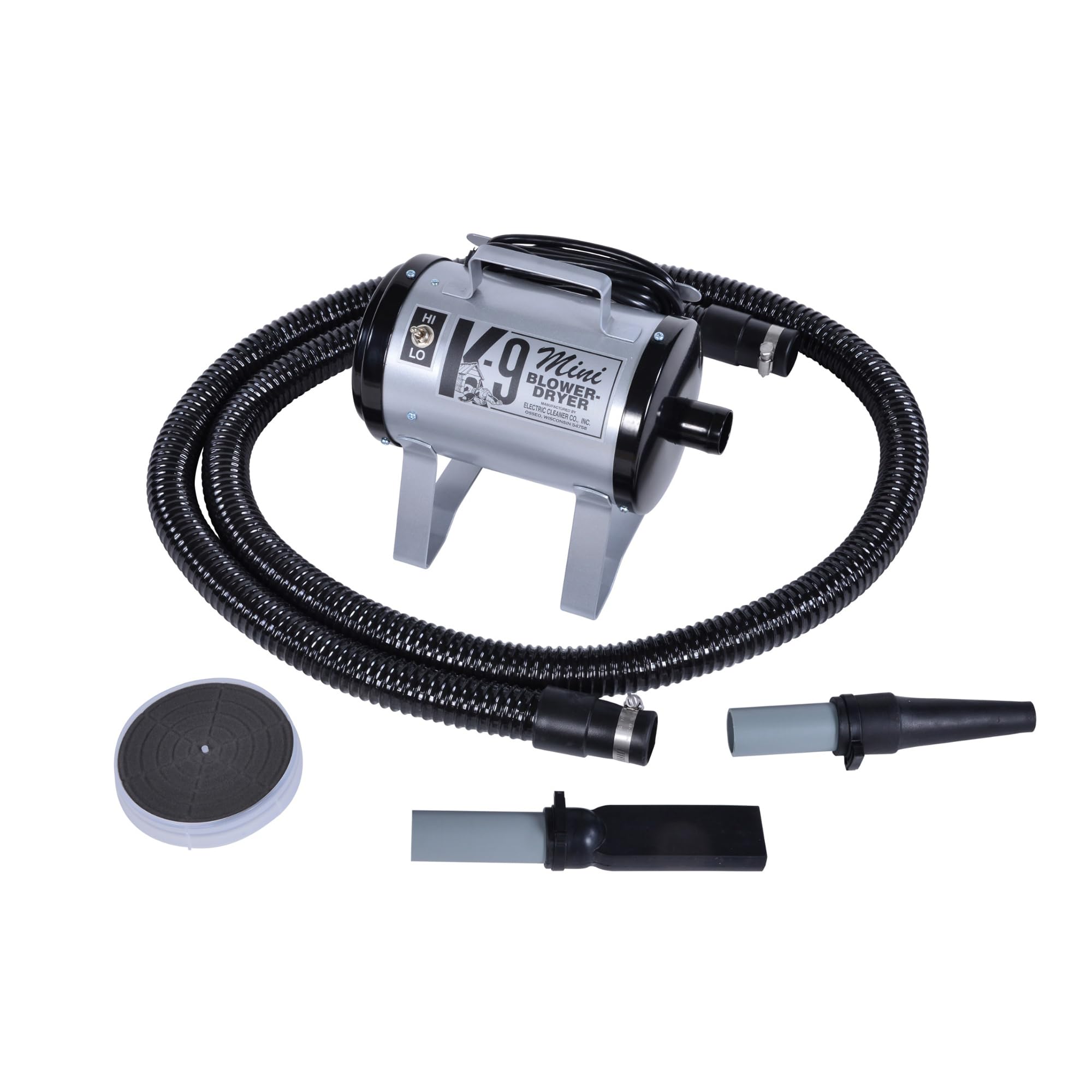 Electric Cleaner Company ECC Mini K-9 High-Velocity Dog Dryer – Portable Pet Blow Dryer with 2 Speeds, 10' Hose & Tips, Silver