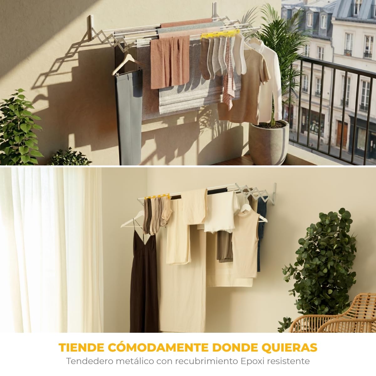 Newlux - Tendedero Extensible Pared Wall V120 (120x60x19cm) con Capacidad 12M/12KG y 8 Barras. Tendedero Pared Plegable 11 cm con Accesorio 27 Prendas Pequeñas. Interior/Exterior, Blanco