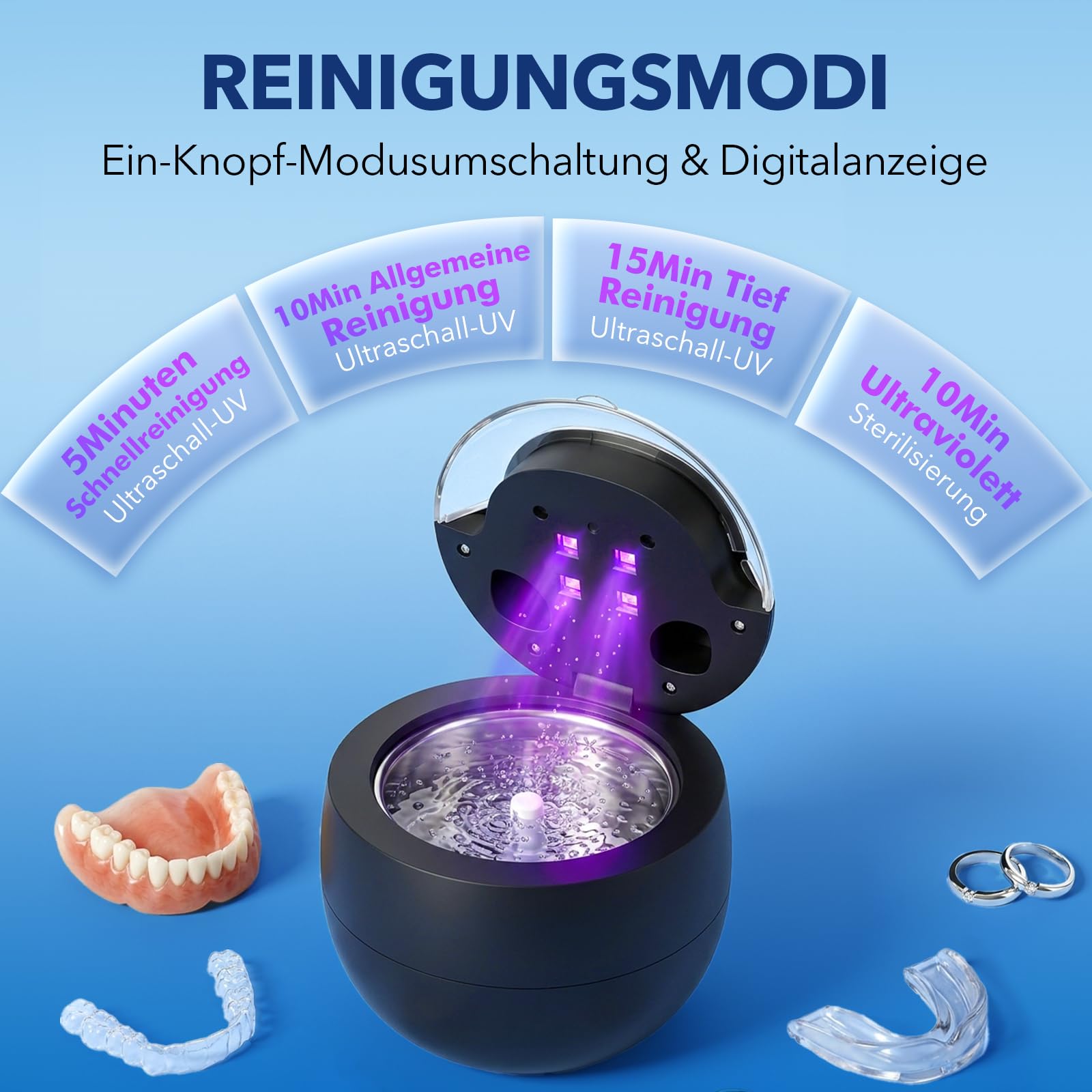 Ultraschallreinigungsgerät 45kHz, Ultraschallreiniger mit UV Licht für Gebiss Zahnersatz Zahnspange Retainer Aligner | 200ml Reinigungstank, Schmuckreiniger für Schmuck Uhren Brillen, 4 Modi Tiefenreinigung
