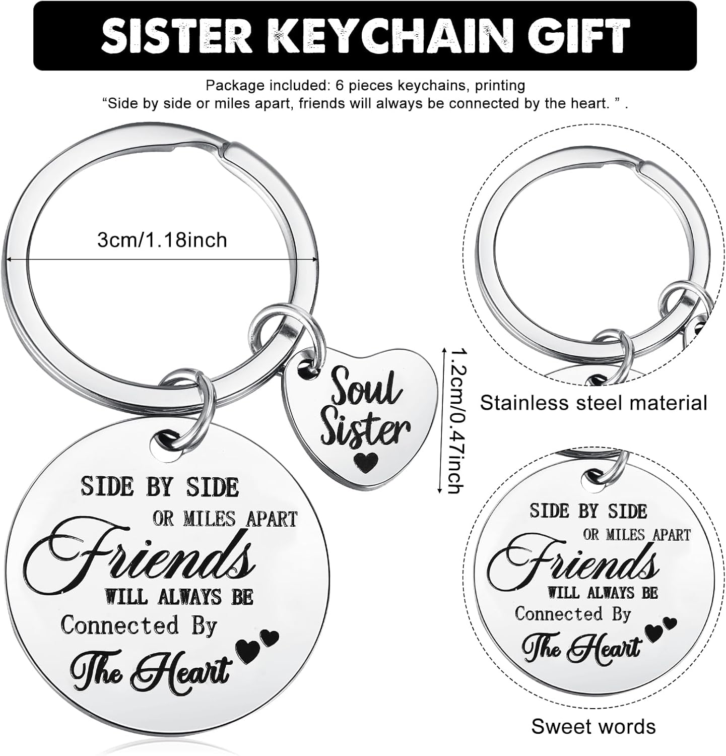 Roowest 6 Pieces Sister Keychain Gift from Sister, Side by Side or Miles Apart Friends Will Always Be Connected by The Heart Keychain for Women Friend Birthday Jewelry Gifts - Image 2