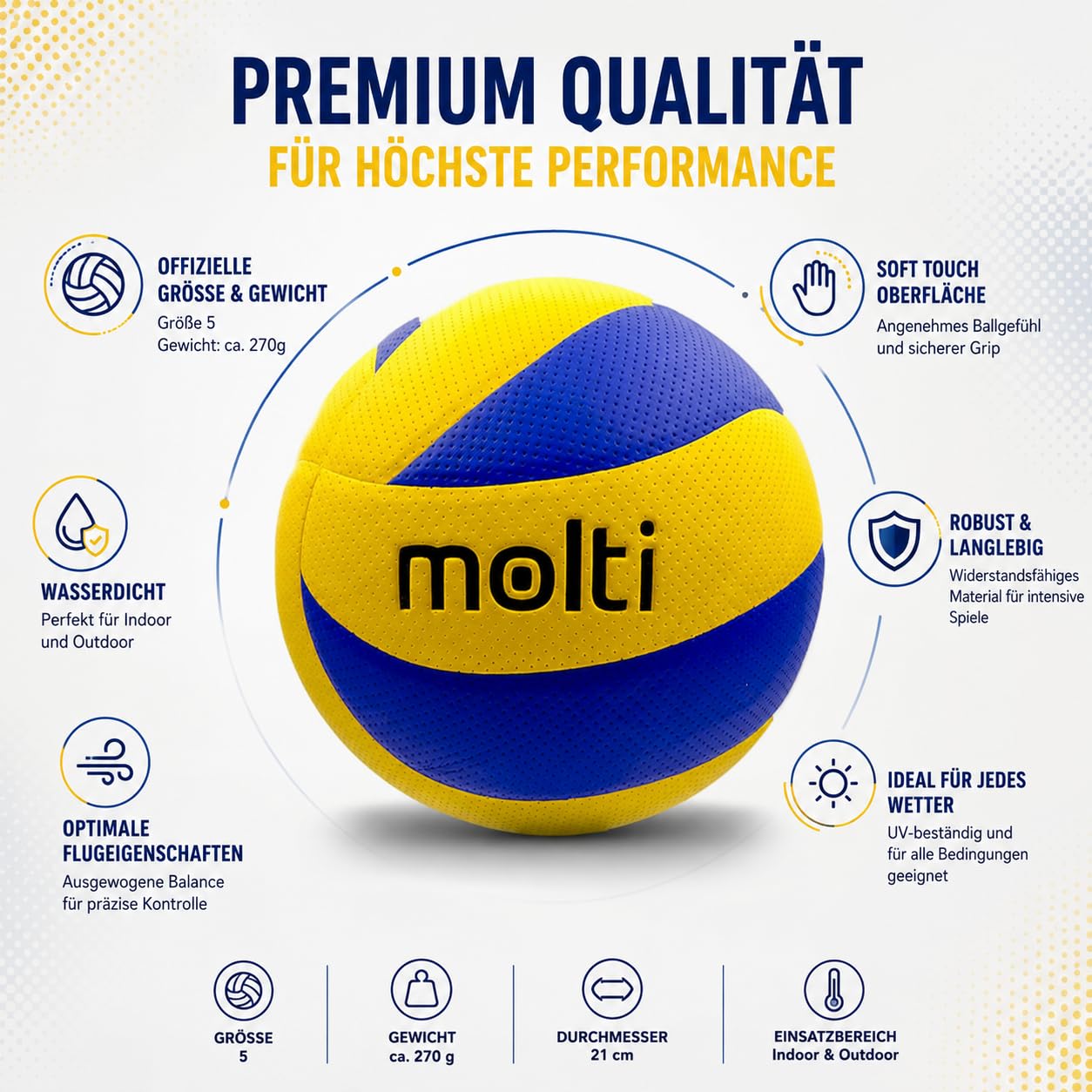 molti Piłka do siatkówki plażowej, żółto-niebieska, rozmiar 5 – sport wewnątrz i na zewnątrz | Wytrzymała skóra PVC, antypoślizgowa powłoka, do szkoły, ogrodu, na plażę i do klubu, idealna również jako prezent