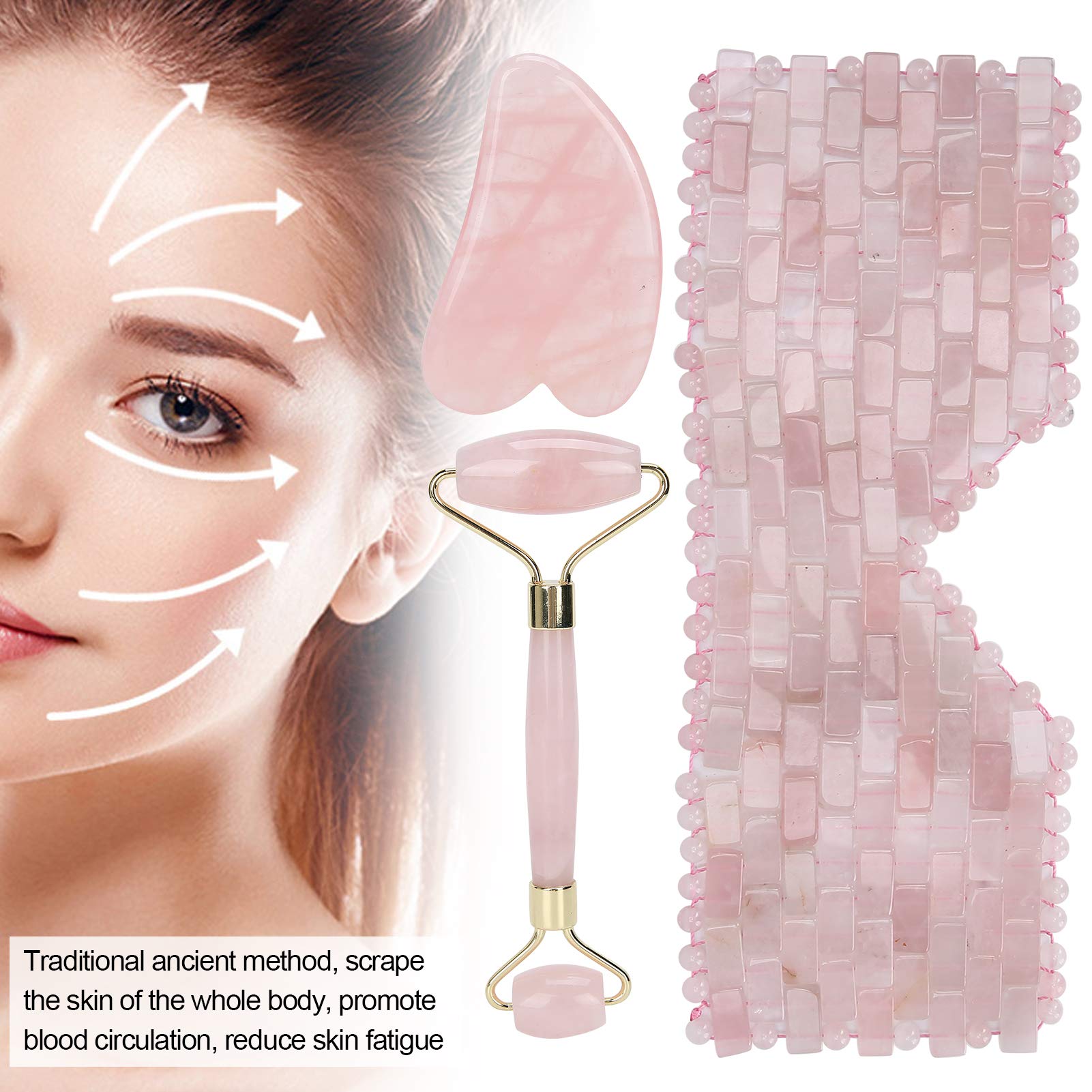 Rullo di giada, kit viso e giada Gua Sha Set di tavolette raschianti per massaggio viso al quarzo rosa per donne e ragazze anti-età, migliorare le occhiaie