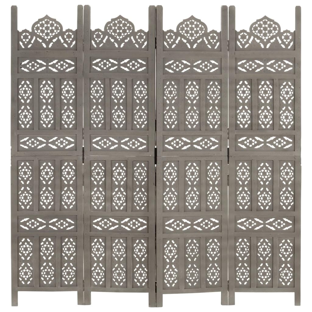 Ręcznie rzeźbiony szary podział pokoju, 4-częściowy zestaw, 160 x 165 cm, lite drewno mango i MDF, składany mobilny ekran prywatności do sypialni, salonu, przestrzeni kosmicznej, klasyczny design