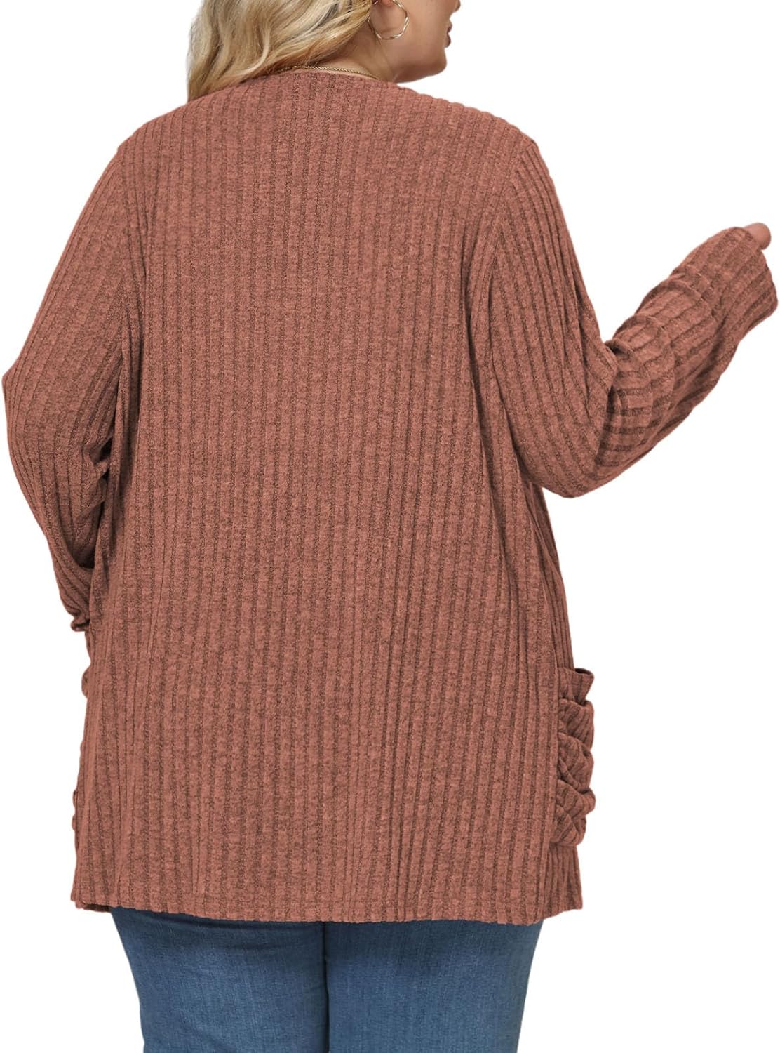 ROSRISS Plus Size Cardigan Sweaters for Women Fall Open Front Tops Soft Ribbed Knit Ruched Pockets Outerwears 1XL-5XL - Image 4
