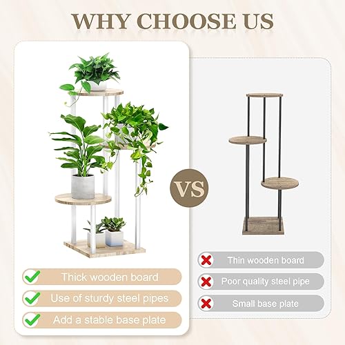 Miniatura 5 de Soporte alto para plantas de metal blanco y madera de 4 niveles, estante para interiores, soporte para macetas de flores para múltiples plantas