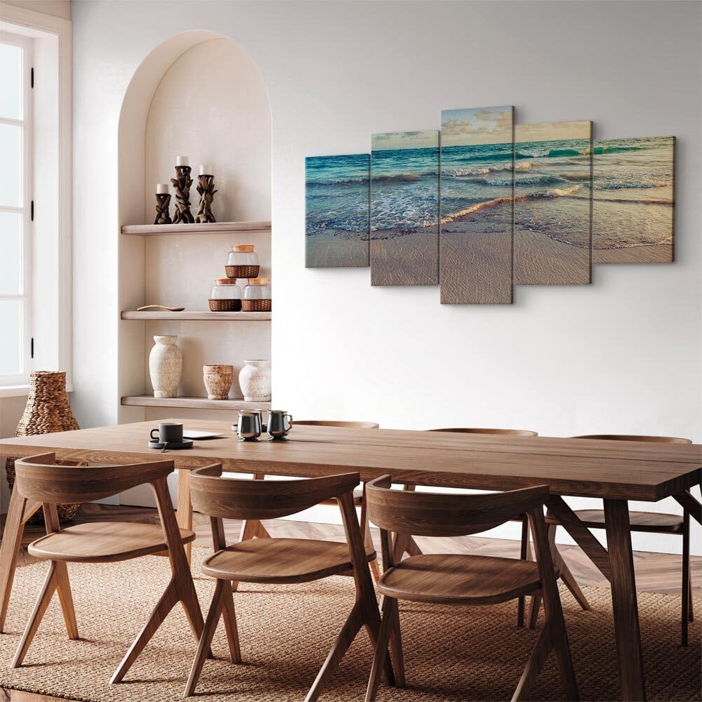 decomonkey - Impression sur Toile Paysage Mer Plage 150x75 5 Pièces - Tableau Décoration Appartement Cadre en Bois Déco Salon Peinture sur Toile Nuages vagues mer ciel sable plage tropical eau