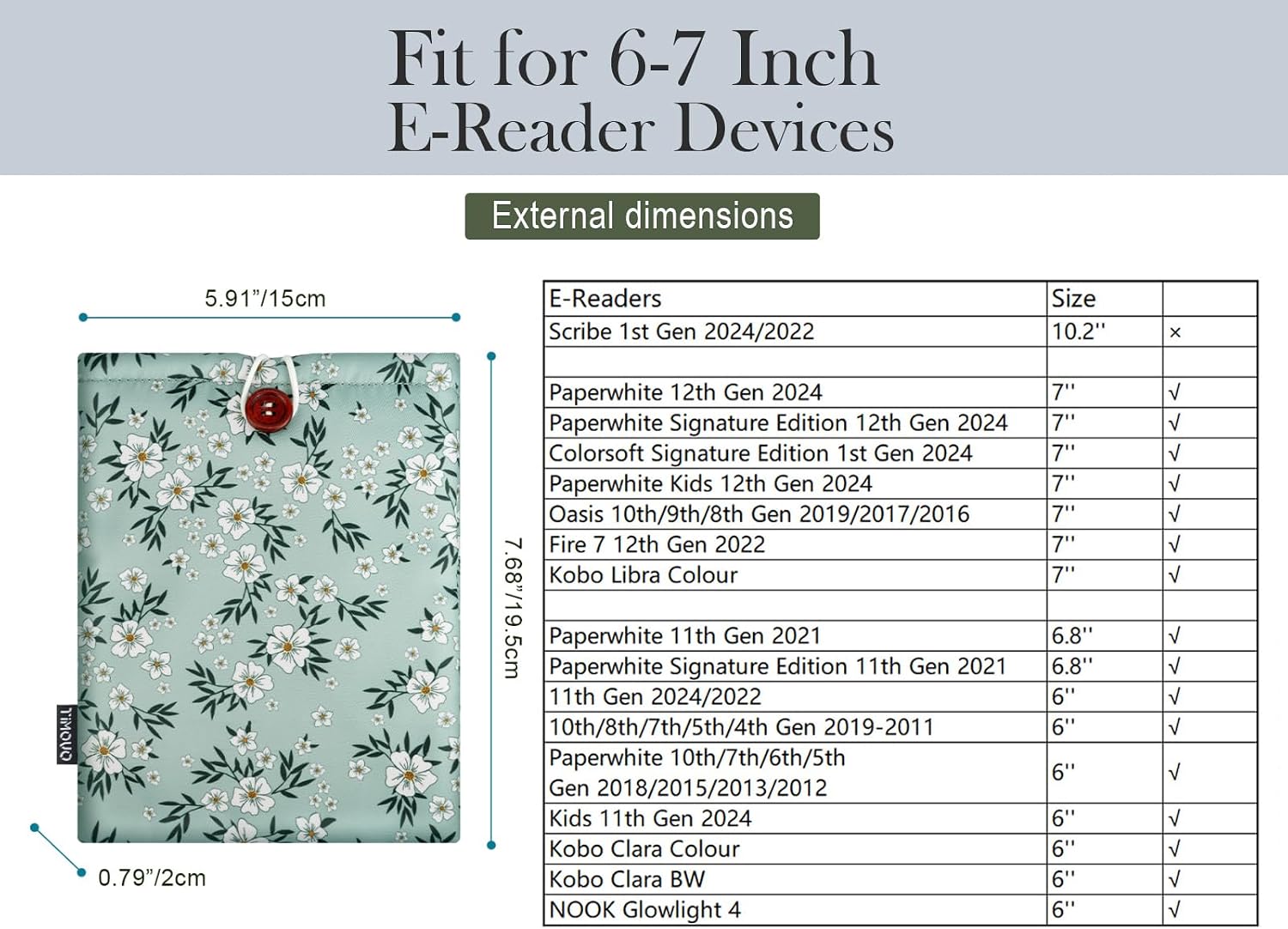 TiMOVO 6-7 Inch eReader Sleeve, Green & Flower