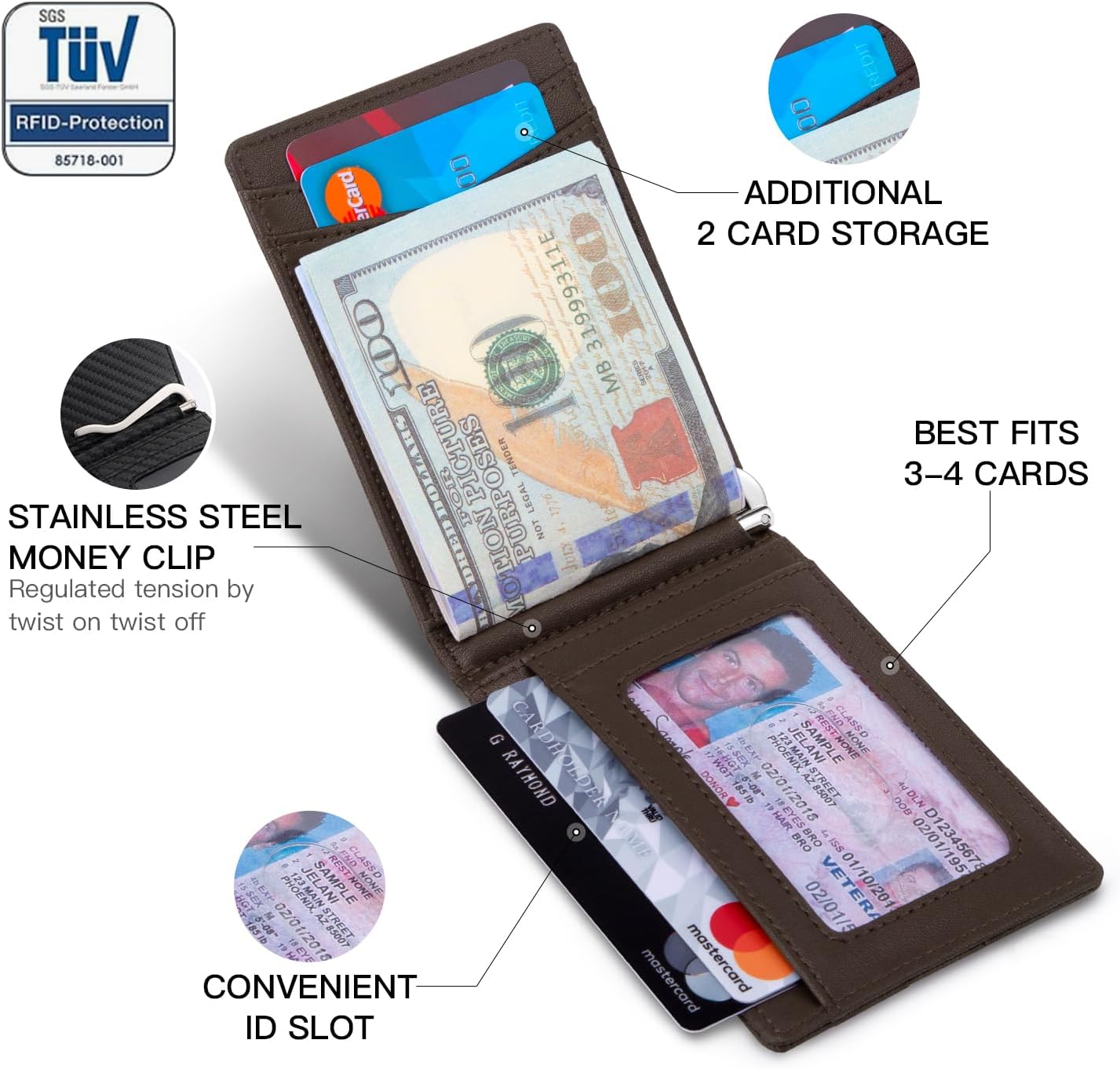 RUNBOX Slim Money Clip Wallets for Men RFID Blocking 8 Card Holder Minimalist Small Thin Carbon Leather Bifold Mens Front Pocket Wallet Gift Box(Chocolate) - Image 3