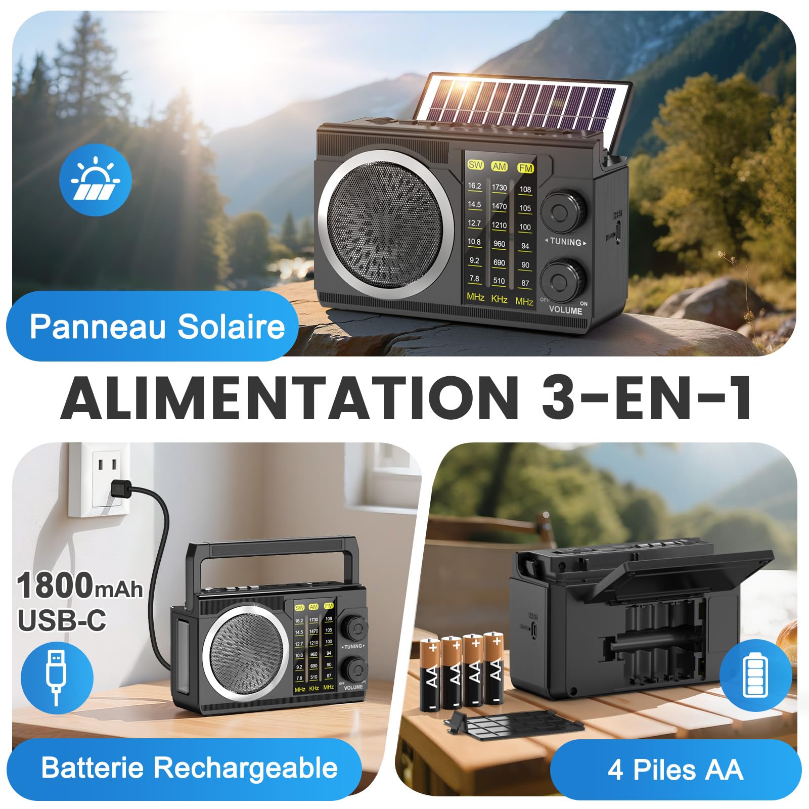 PRUNUS J-135 AM/FM Poste Radio Portable Rechargeable avec 1800 mAh, Secteur et Pile, Transistor Radio Bluetooth 6.0, Poignée de Transport Rabattable, Essentiel à la Survie, pour Camping, Chambre