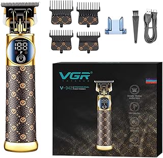 ماكينة حلاقة احترافية V-942 للرجال، وقت تشغيل 240 دقيقة، سرعة تربو، شفرات سيراميك وستيل كربوني، ضوء كشاف LED، كيبل USB، هيكل معدني، اوضاع سرعة مزدوجة، مثالية لصالونات التجميل والمنزل (ذهبي)