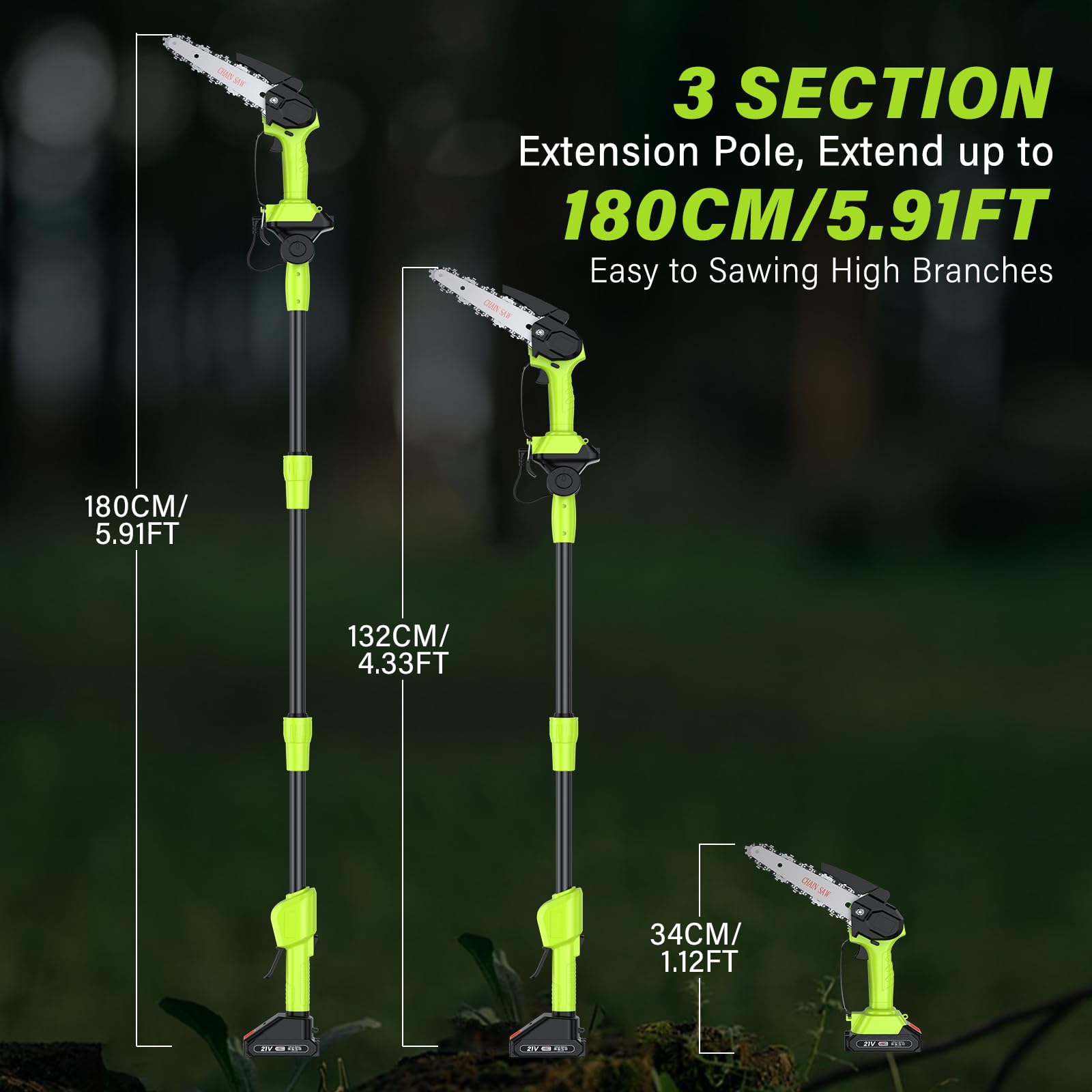 Élagueuse sur Perche Sans Fil et Mini Tronconneuse a Batterie 2 en 1 Tronconneuse Electrique 6 Pouces avec 2 Batteries, 4 Chaînes, Gant, Lunettes, Bandoulière, pour Jardin, Branches, Bois