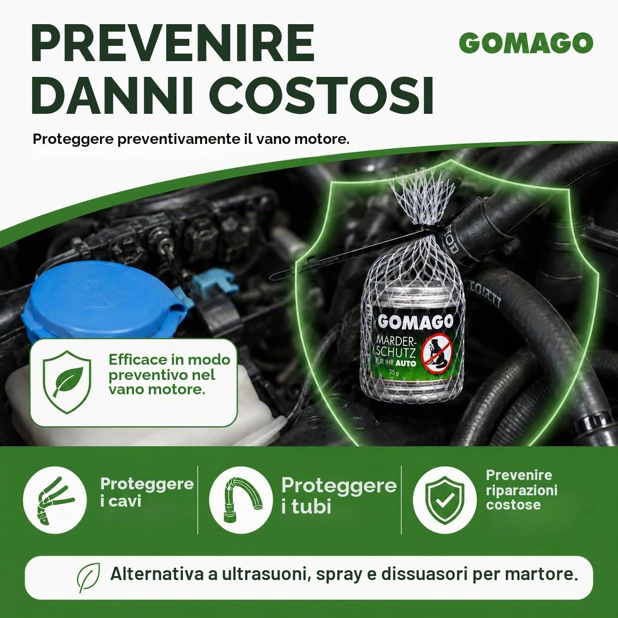 GOMAGO Protezione martora per la Vostra Auto | Allontana in Modo affidabile e Semplice Le martore dal vano Motore | Alternativa Efficace allo Spray per martore, ultrasuoni [1x 35g]