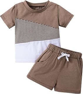 Bow Tie Outfits 4t Baby Boys Summer Outfit Sets Short Sleeve Contrast Color Tops T Shirt Boys' Patchwork Suit Drawstring Shorts Clothes Set 4t Boys Dress Clothes Set (Brown, 12-18 Months)