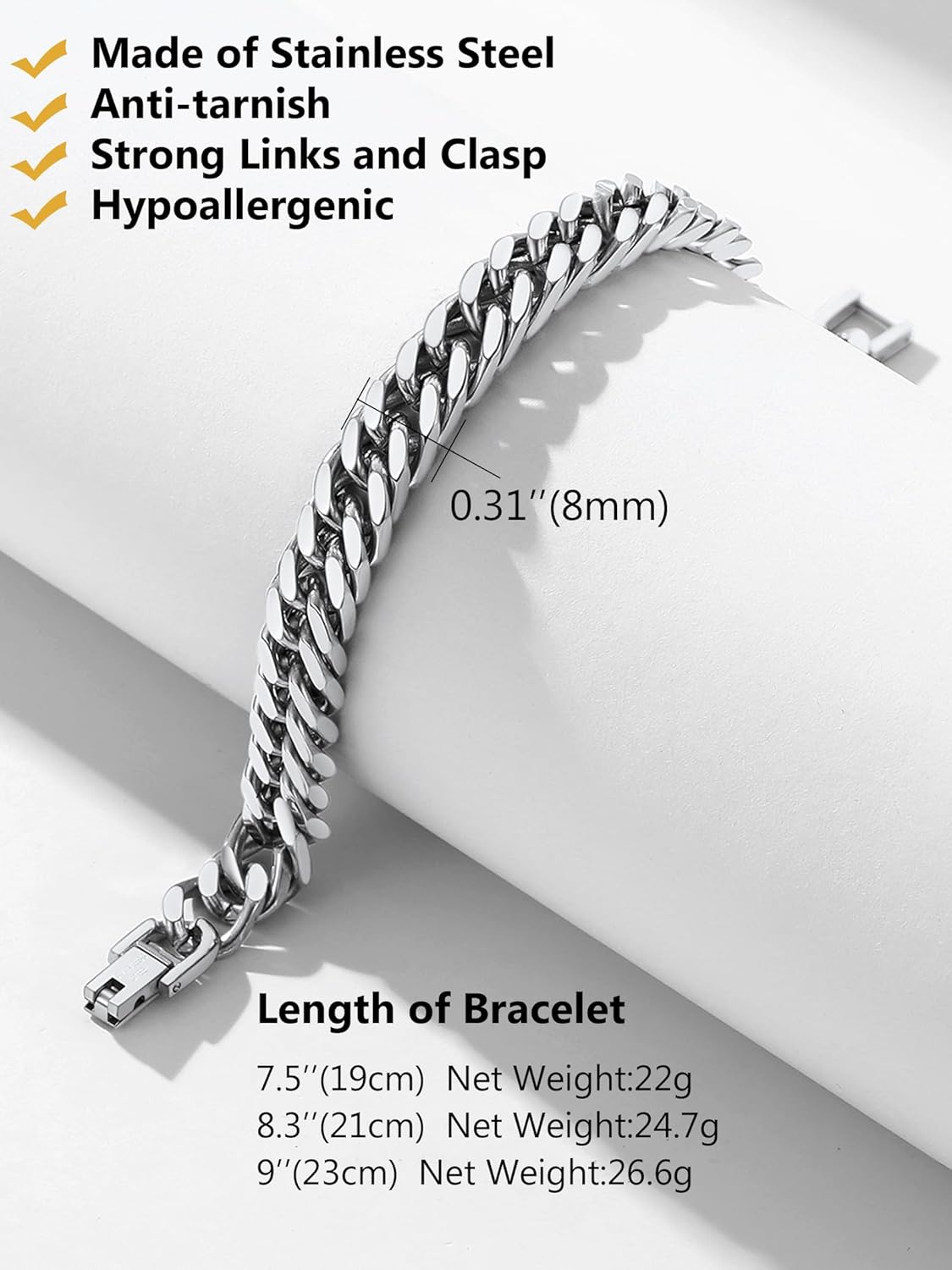 8/12/17mm Wide Cuban Link Bracelet for Men Father Gift 18K Gold/Black Plated Stainless Steel Bracelets 7.4-9 Inches(Gift Wrapped) - Image 3