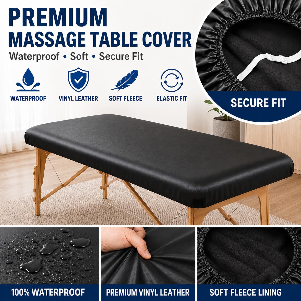 Protector de mesa de masaje, funda impermeable para cama de spa, protector elástico de piel de vinilo de alta calidad para mesas de masaje de 28 a 32 pulgadas, reutilizable, color negro
