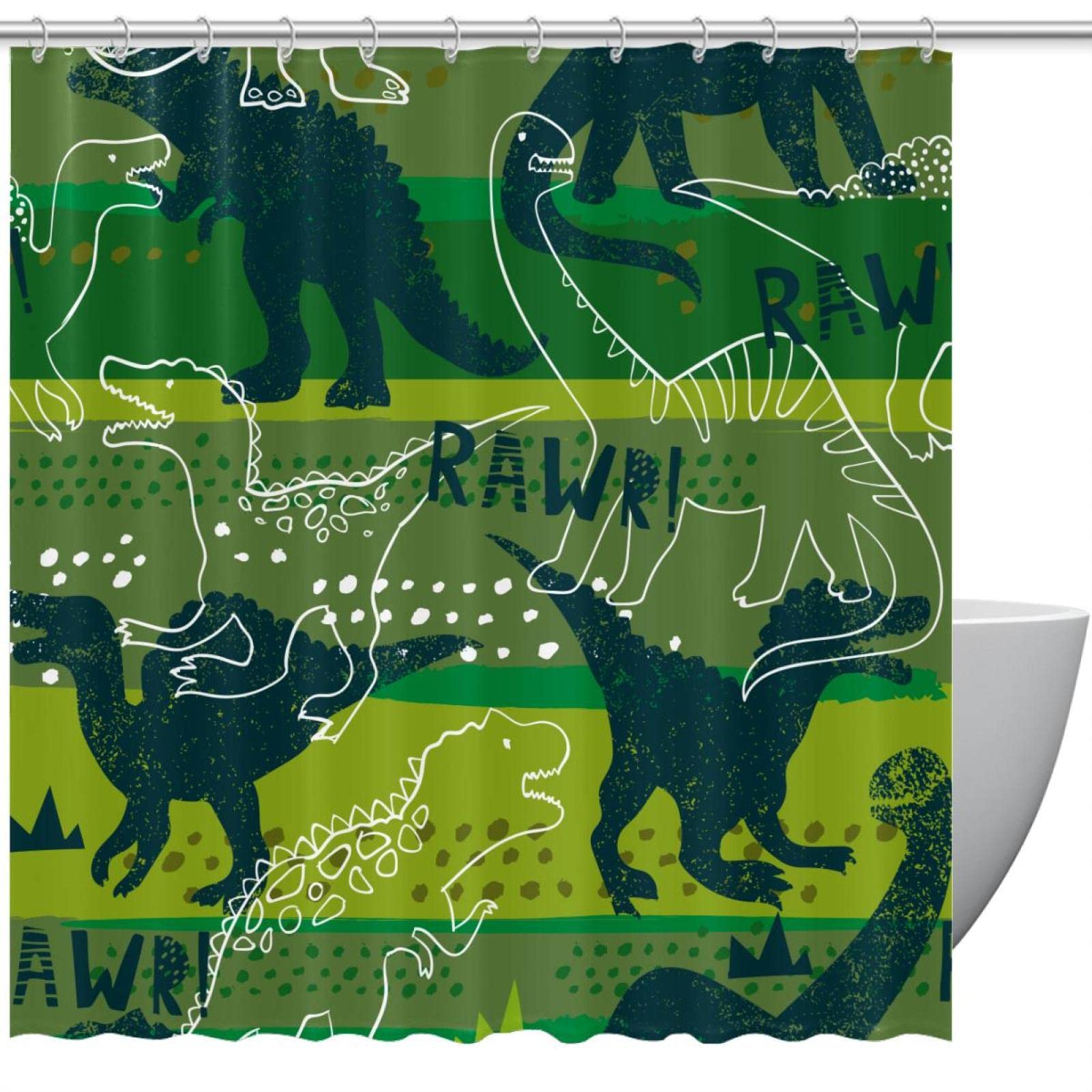 Rideau de douche dinosaure vert 152x182 cm avec 12 crochets pour salle de bain enfant