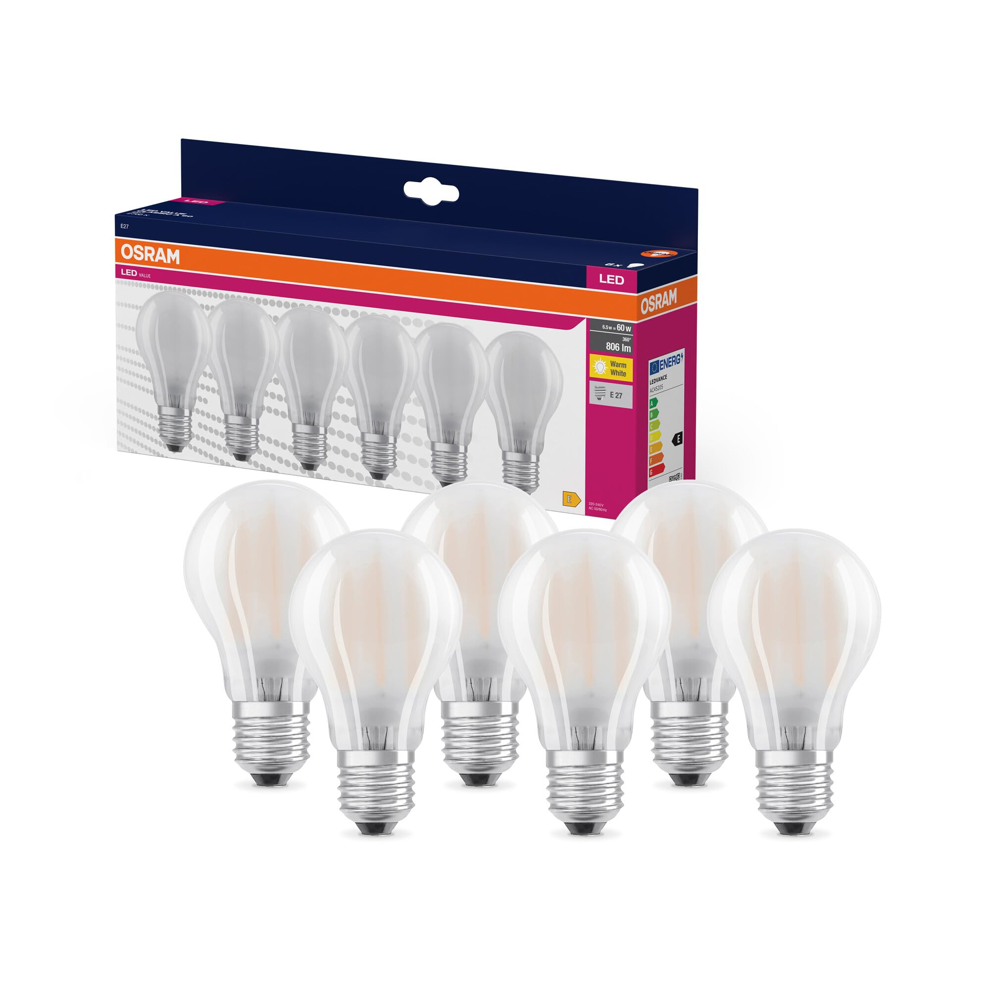 Osram LED Star VALUE A60, Vorteilspack mit 6 Leuchtmittel, ersetzt herkömmliche 60W Glühbirnen, warmweiß (2700K), 6.5W, E27 Sockel, Filament Glas, nicht dimmbar