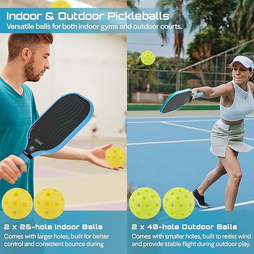 Miniatura 7 de Juego de raquetas de pickleball aprobadas por USAPA de fibra de carbono con bolas para interiores y exteriores, raquetas ligeras y núcleo de panal