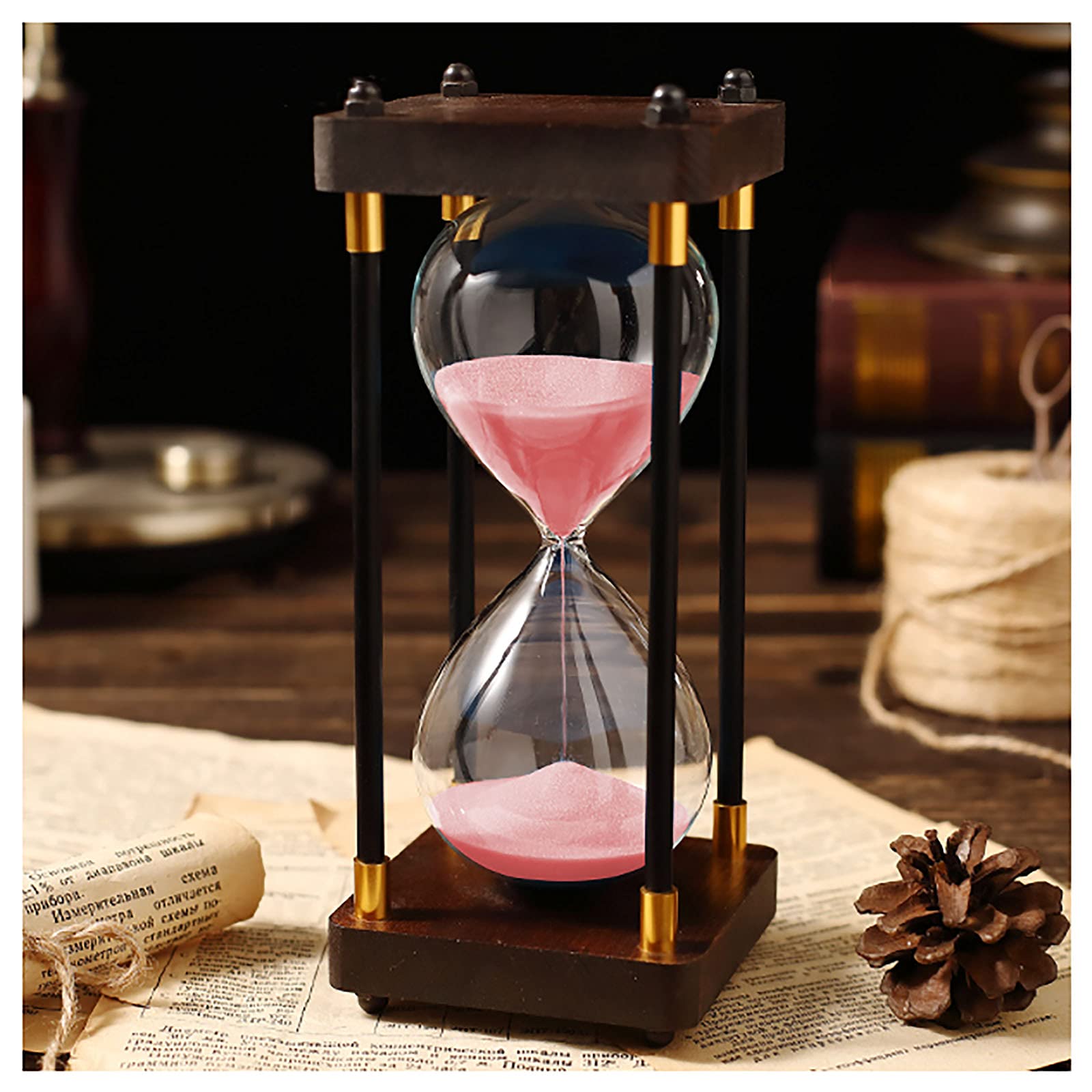 timer， 30/60 Minutes Glass Hourglass Sandglass Timer Ornament Wooden Frame Sand Clock,Fashion Colorful(Roze,60 minutes)