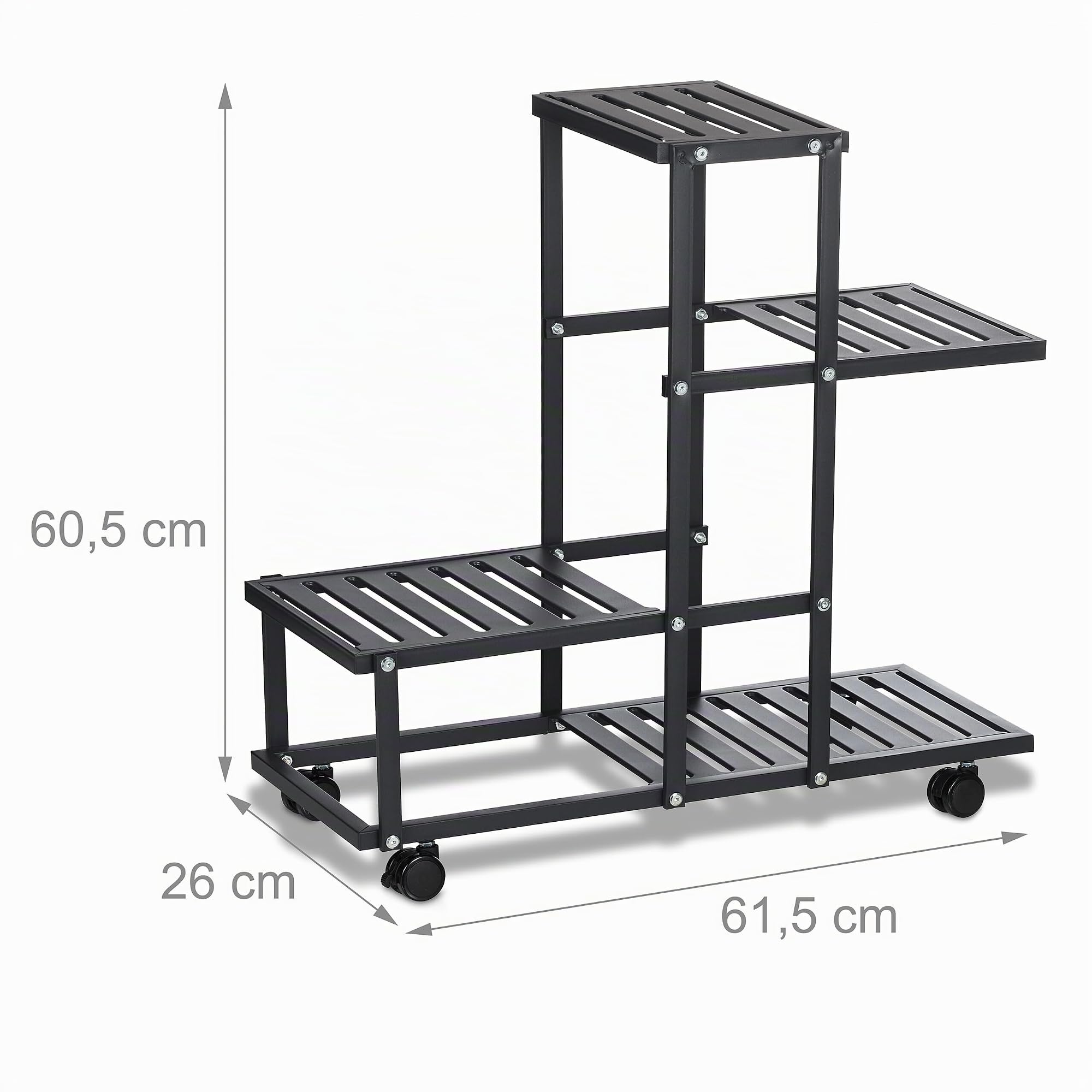Relaxdays Scaffale Portapiante con Rotelle, 60,5 x 61,5 x 26 cm, a 4 Ripiani, in Acciaio, Portafiori e Portavasi, Nero